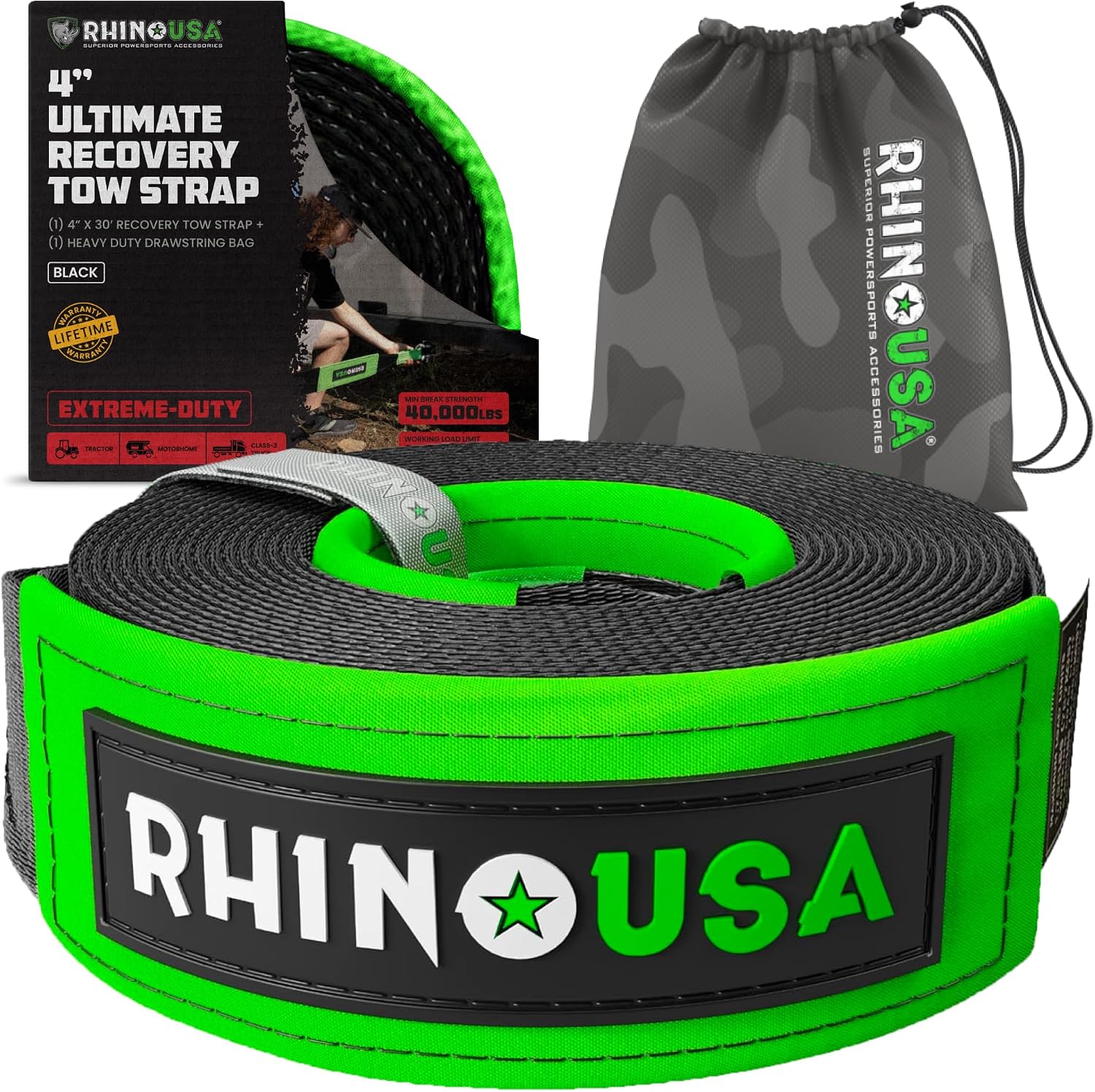 Rhino USA Recovery Tow Strap (3in x 30ft) - 31,518lb Heavy Duty Towing | 31,518lb Break Strength Emergency Tow Strap, Extended 30ft Length. For Truck, UTV, ATV & Jeep Offroad Recovery. Black