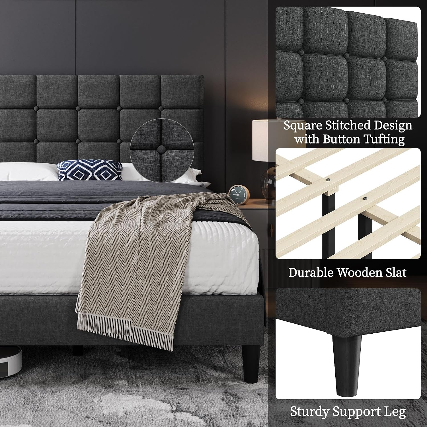Yaheetech Full Size Upholstered Tufted Bed Frame with Headboard, Dark Gray | Sturdy engineered wood frame with linen fabric upholstery features a soft tufted headboard for easy assembly and support