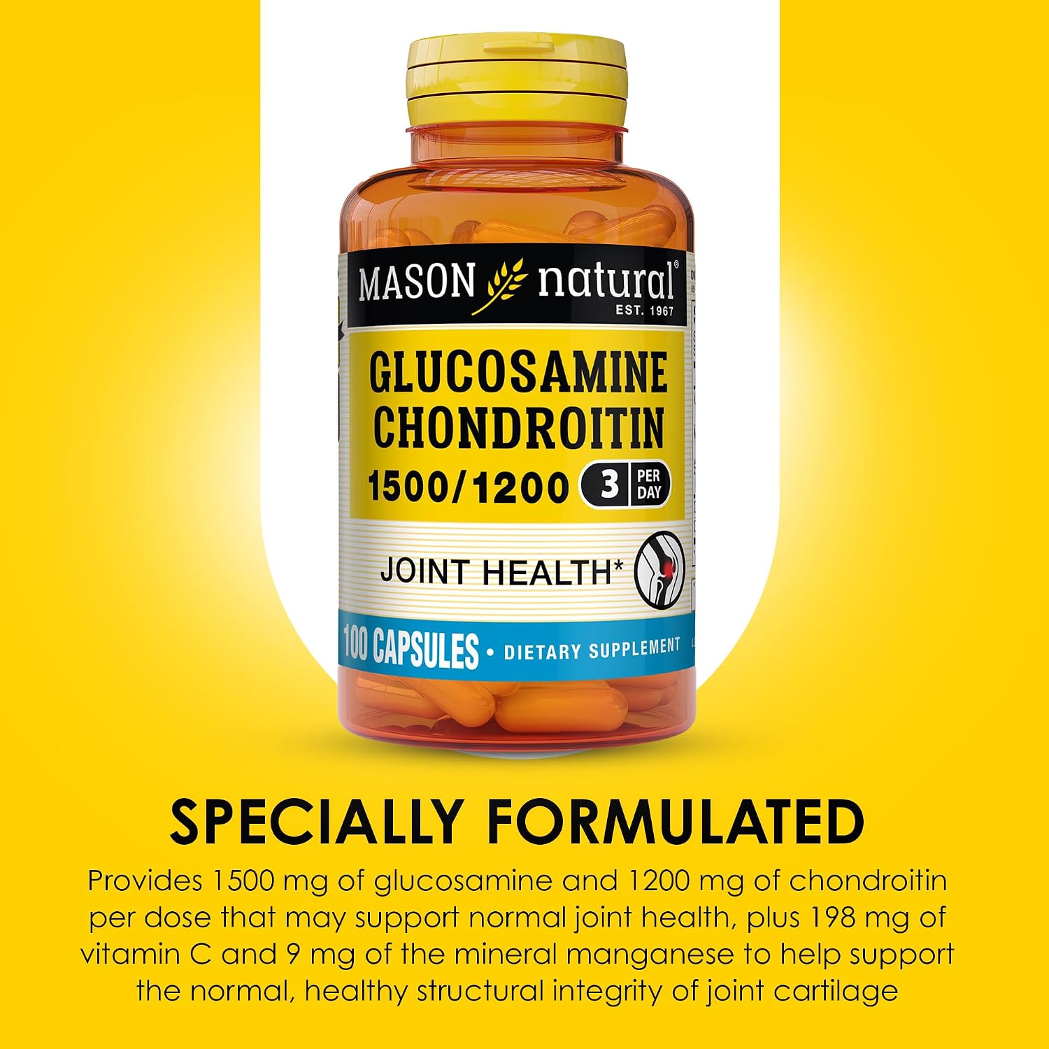MASON NATURAL Glucosamine Chondroitin 1500/1200 & Vitamin C, 30 Day Supply | 1500mg glucosamine & 1200mg chondroitin with 198mg vitamin C & manganese to support joint cartilage, flexibility & mobility