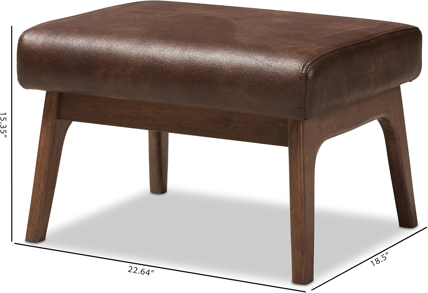 Baxton Studio Birk Mid-Century Modern Walnut Wood Dark Brown Distressed Faux Leather Ottoman