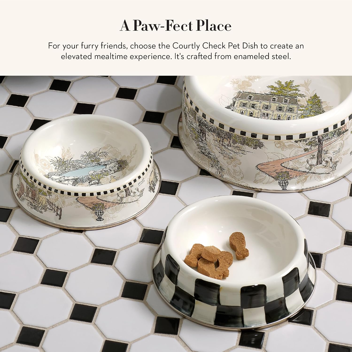 MACKENZIE-CHILDS Enamel Pet Dish, Large, Black-and-White Courtly Check | Decorative cat and dog bowl for food and water, 40-ounce capacity
