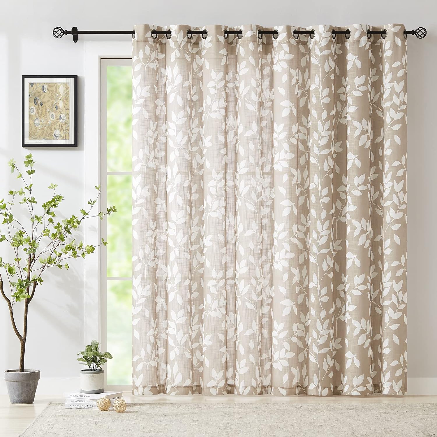 Leaf Semi Sheer Curtains for Bedroom Living Room 52x72" Taupe White Print 2