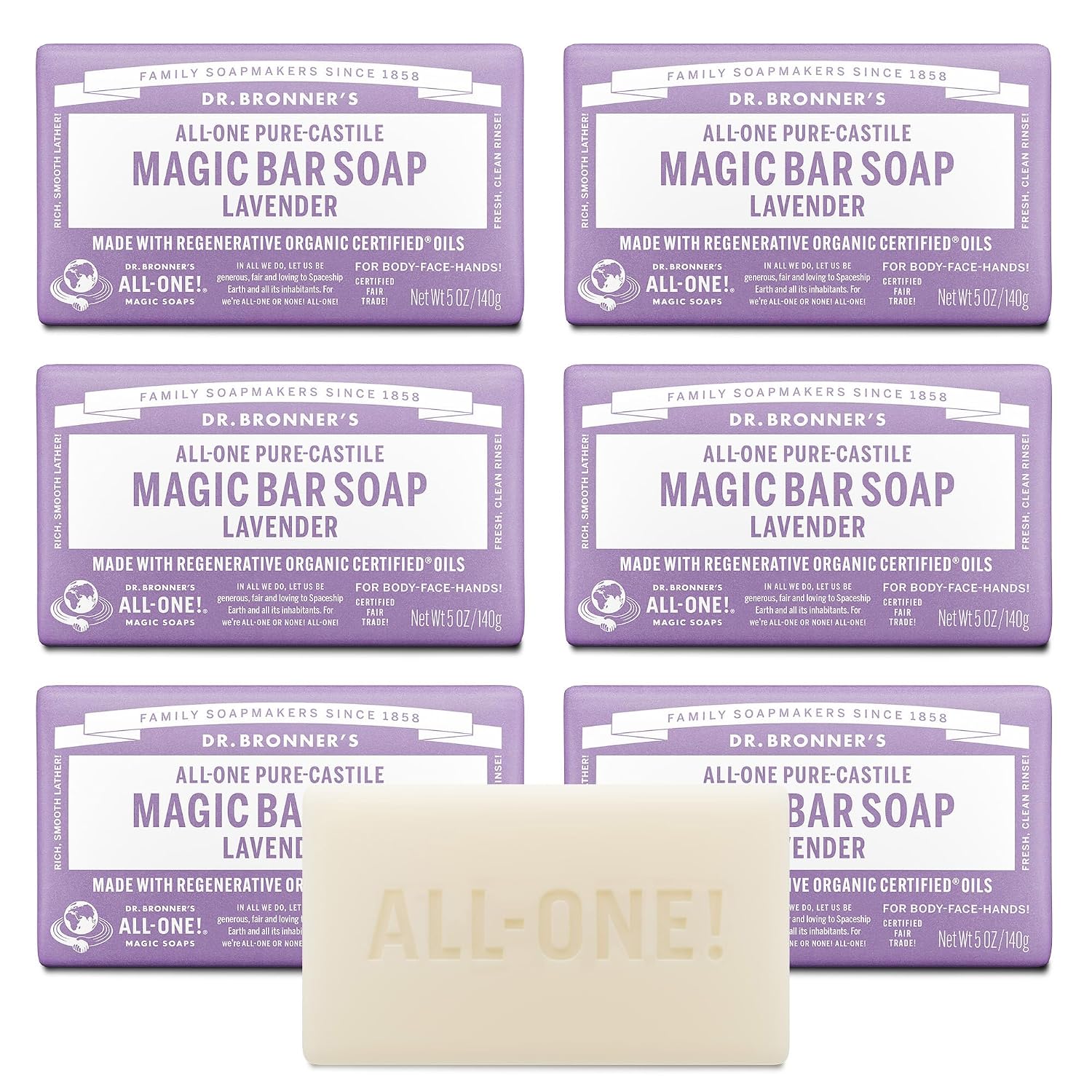 Dr. Bronner's Pure-Castile Magic Bar Soap - Made with Regenerative Organic Certified Oils - For Face, Body, Hair- Gentle on Sensitive Skin - Vegan Soap Bars for Men & Women - Lavender, 2 Pack, 5oz