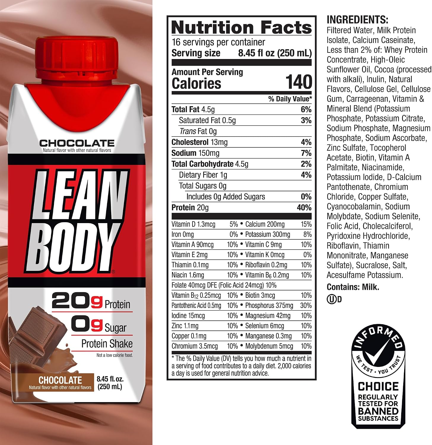 Labrada Lean Body Ready-to-Drink Chocolate Protein Shake, 40g Protein, Whey Blend, 0 Sugar, Gluten Free, 22 Vitamins & Minerals, LABRADA, 17 Fl Oz (Pack of 12)