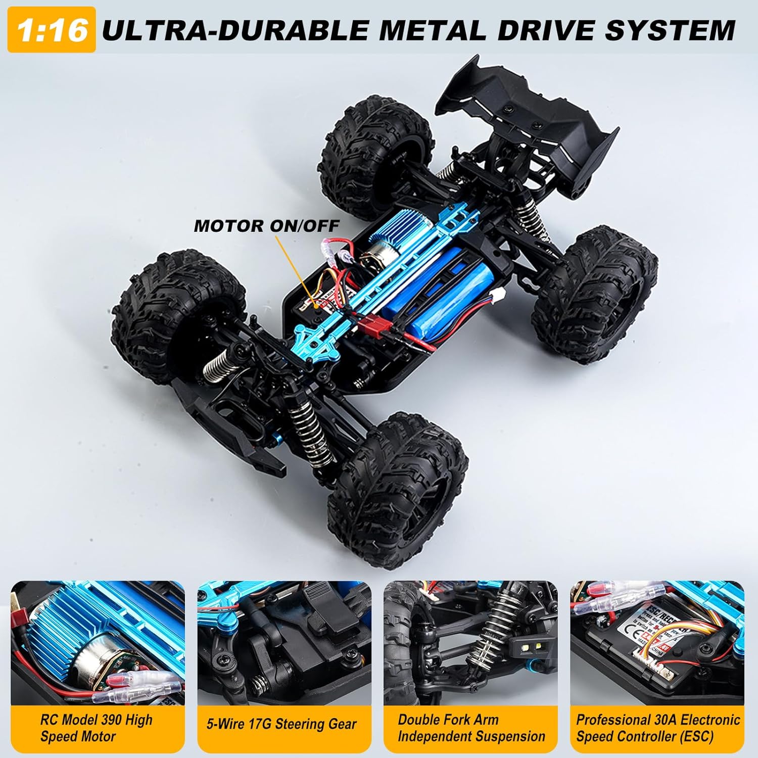 1:16 Scale All-Terrain RC Car for Adults - 40+KM/H High Speed 4WD Off-Road Remote Control Truck with 2 Rechargeable Batteries