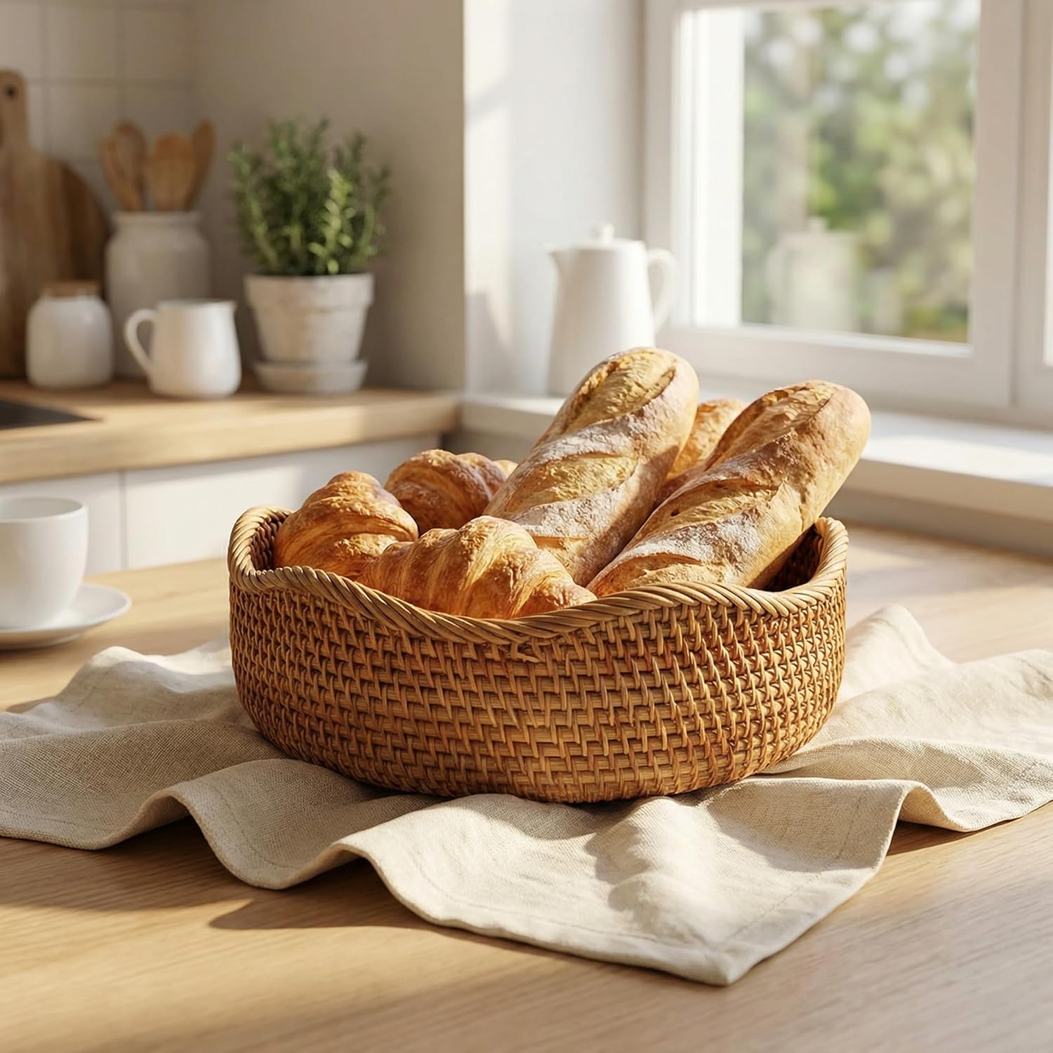 YANGQIHOME Rattan Bread Basket, Round Fruit Baskets, Wicker Storage Bowls, Natural Woven Serving Basket Bowls