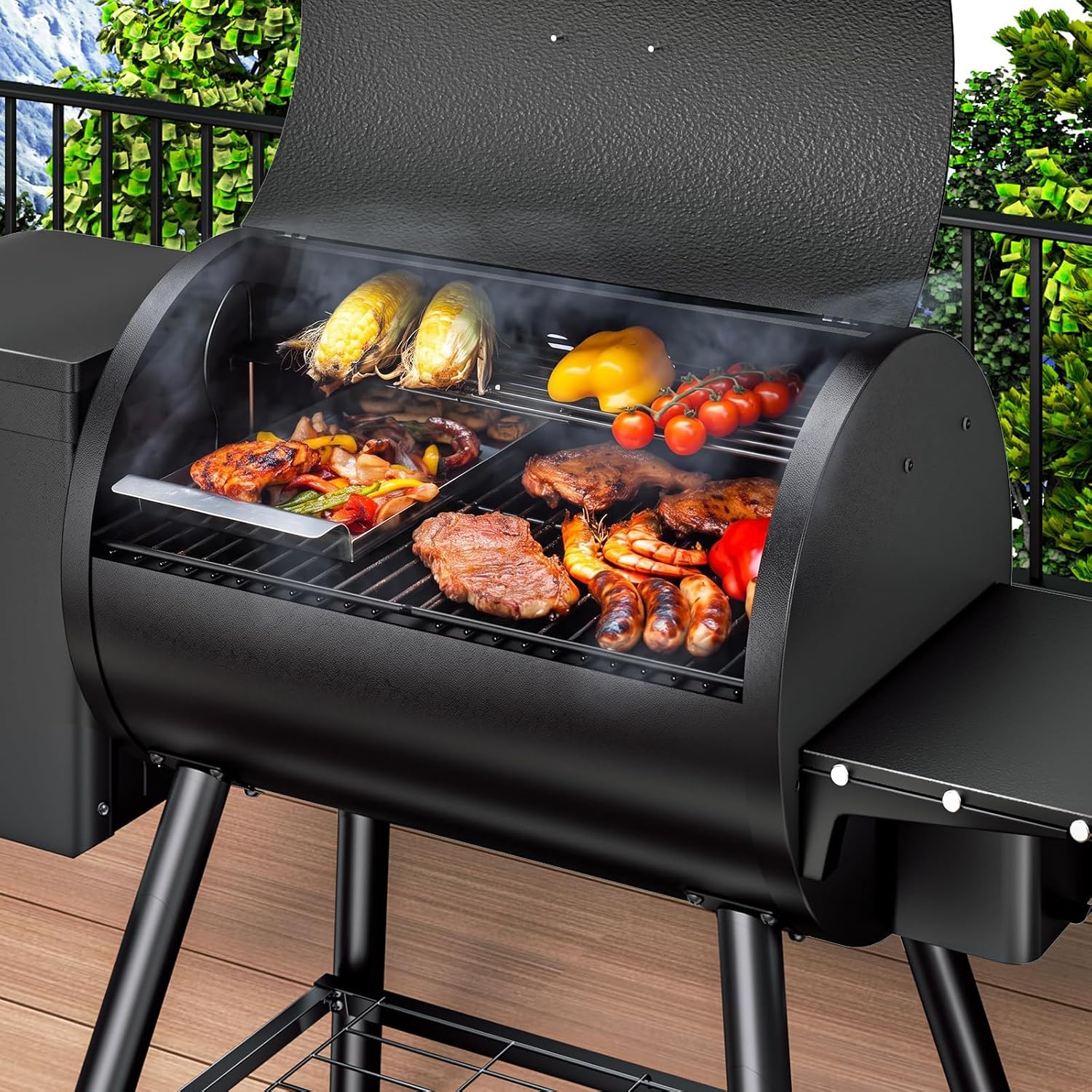 KingChii Electric Wood Pellet Grill & Smoker with Side Shelf, 456 SQ.IN Grill Capacity, with PID Temperature Control (180-425°F) for Backyard Camping Bake and Roast, Black