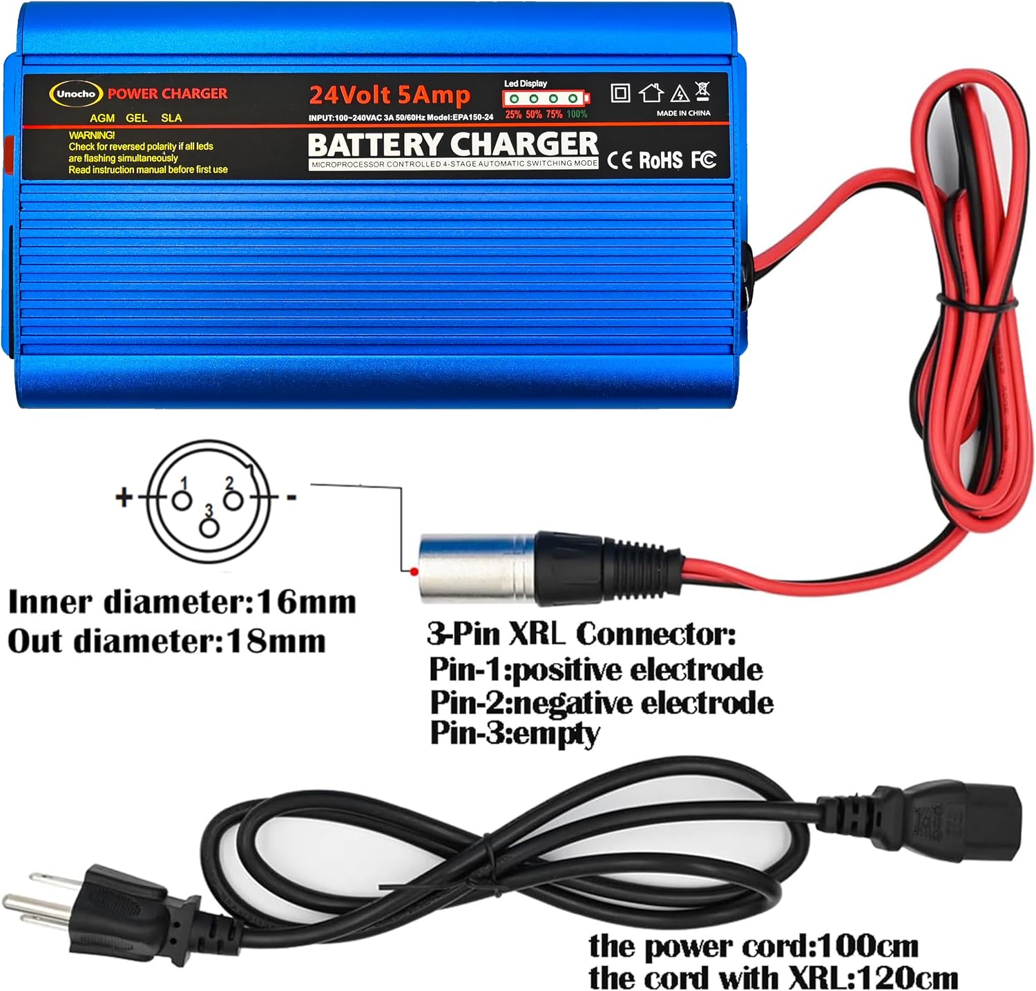 Unocho 24V 5A Battery Charger Maintainer 4-Stage Smart Lead-Acid Charger with 3-Pin XLR Connector Power Switch and LED Display for Wheelchairs Mobility Scooters AGM Gel SLA VRLA