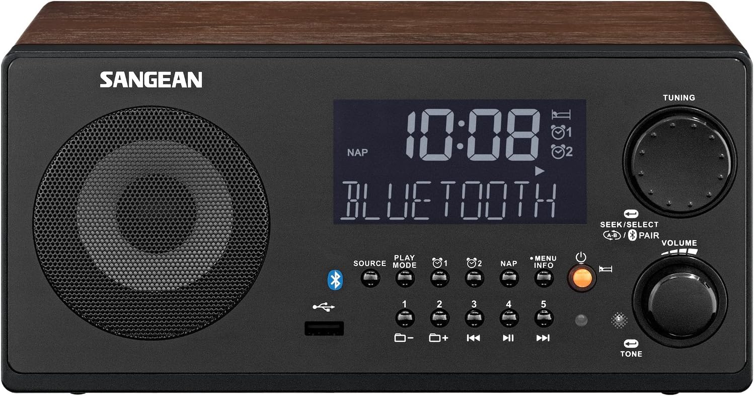 Sangean WR-22WL AM/FM-RDS/Bluetooth/USB Table-Top Digital Tuning Receiver (Dark Walnut) (Renewed)