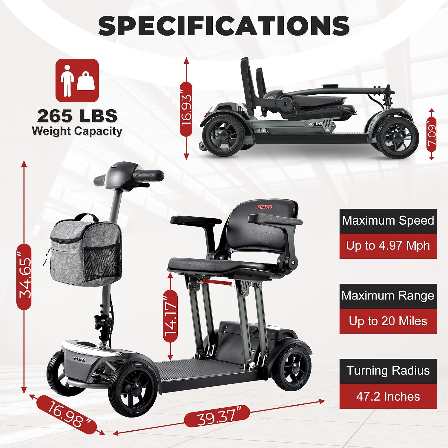 MetroMobility 15-25Miles 330lbs Electric Mobility Scooters for Seniors Blue