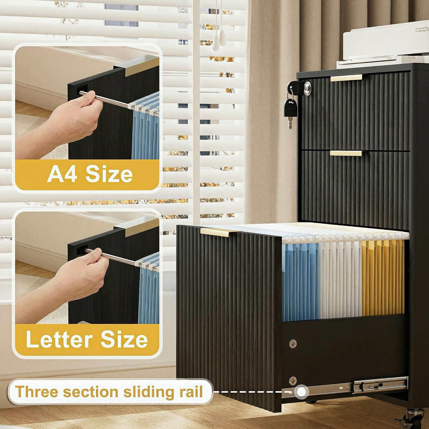 3 Drawers Fluted Mobile File Cabinet with Lock, Rolling File Cabinet Printer Stand Table, Under Desk Wooden Filing Cabinets for Home Office Essentials Storage Organization Furniture Letters/A4(Oak)