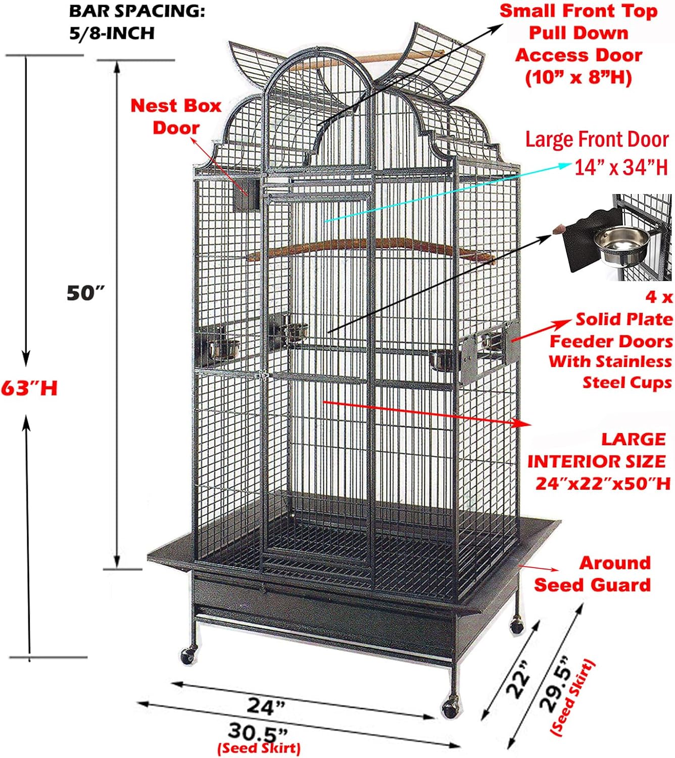 Large Elegance and Durable Wrought Iron Open Play Top Stand Bird Parrot Rolling Cage, Include Metal Seed Guard Solid Metal Feeder Nest Door (White Vein, 24.0" L x 22.0" W x 63.0" H)