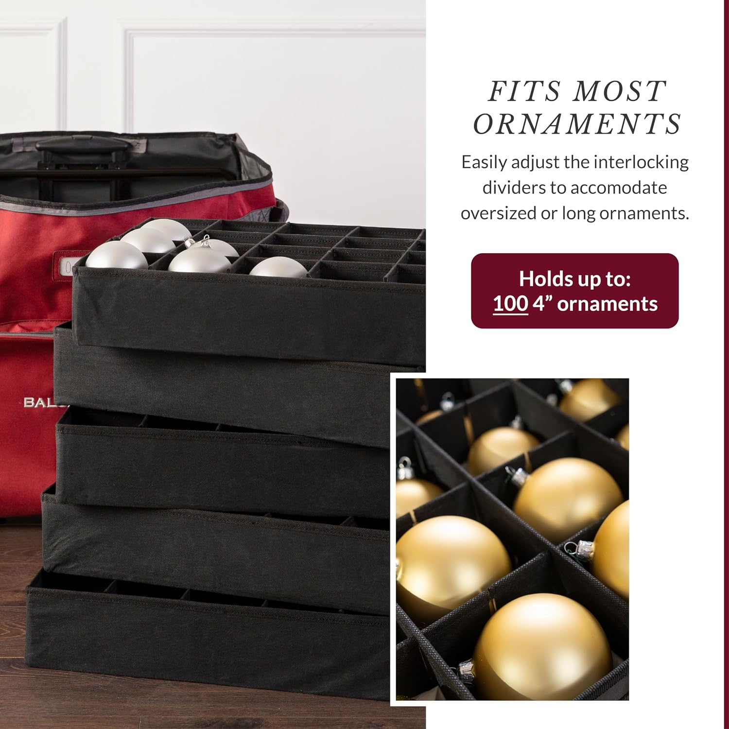 Balsam Hill Deluxe Rolling Ornament Chest - 120pc Christmas Decoration Storage with Dividers & Trays