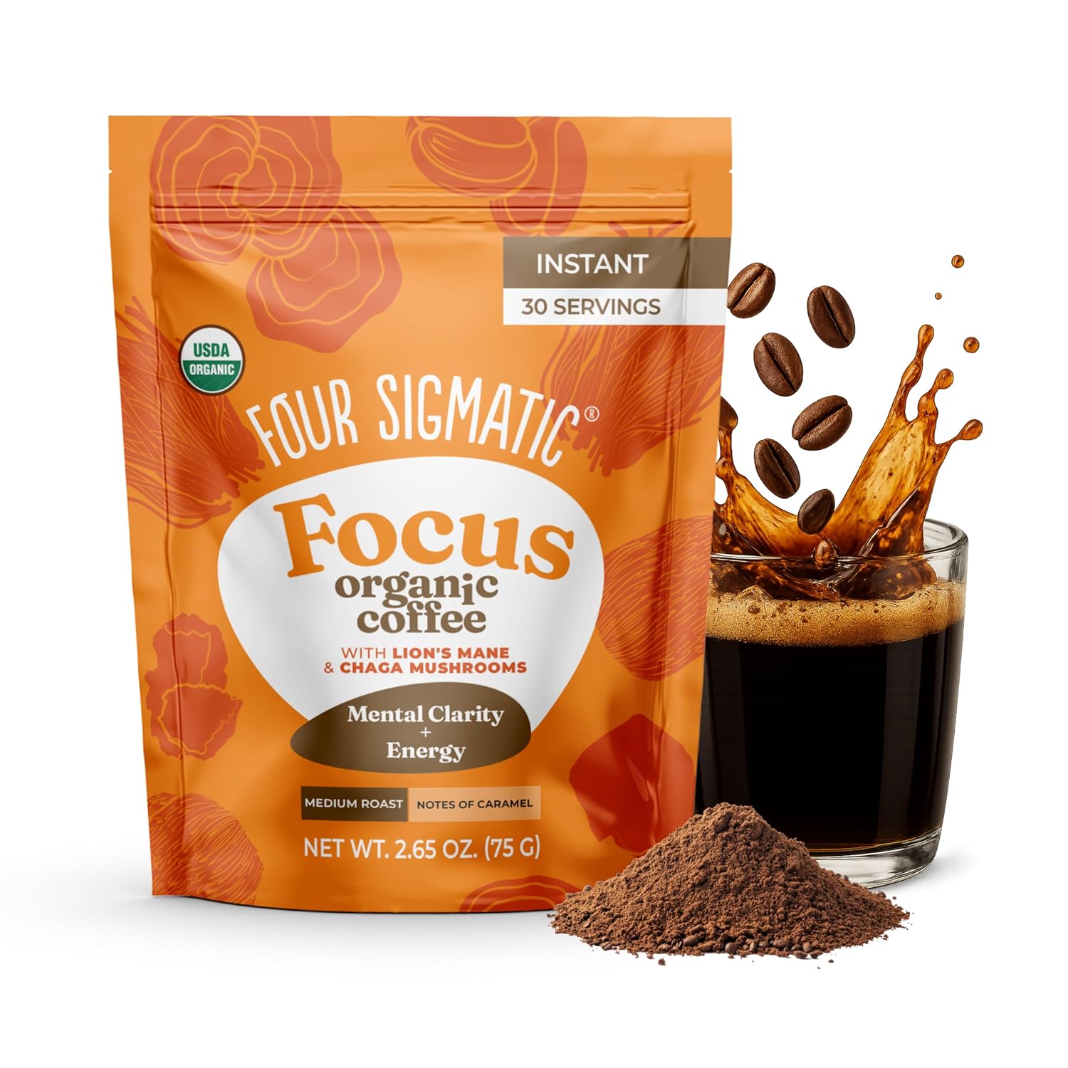 Four Sigmatic Organic Instant Coffee Powder | Mushroom Coffee Instant Mix with Cordyceps, Chaga and Eleuthero for Better Focus and Immune Support | 10 Packets
