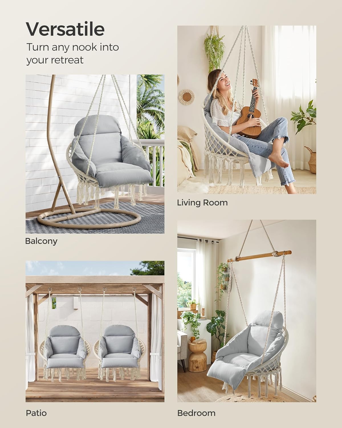 SONGMICS Hanging Chair, Boho Swing Chair with Large, Thick Cushion