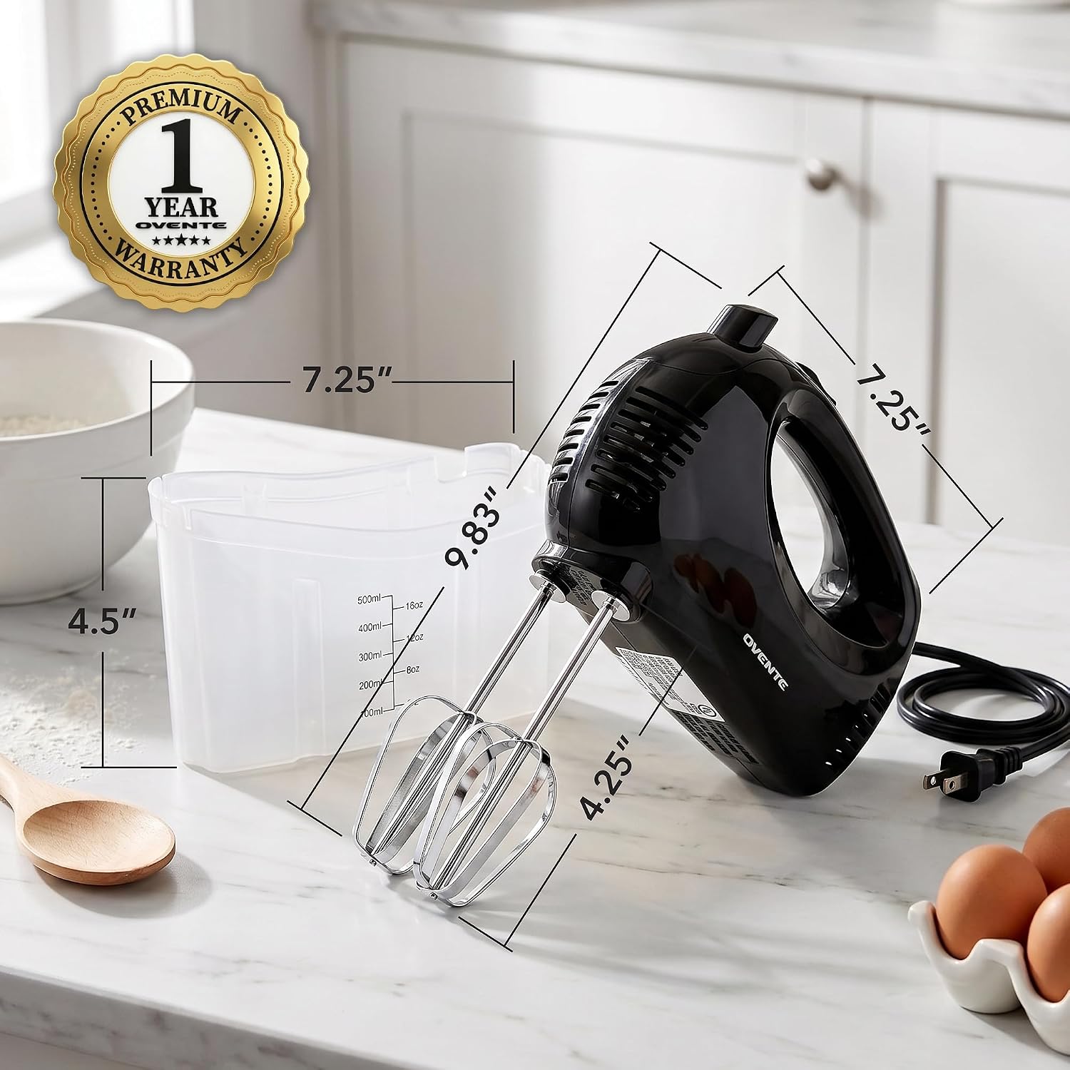 OVENTE 5-Speed Electric Hand Mixer with Storage Case,150W, White HM151W | Stainless Steel Whisks, Compact Portable Design, Lightweight Handheld Mixer for Baking & Cooking