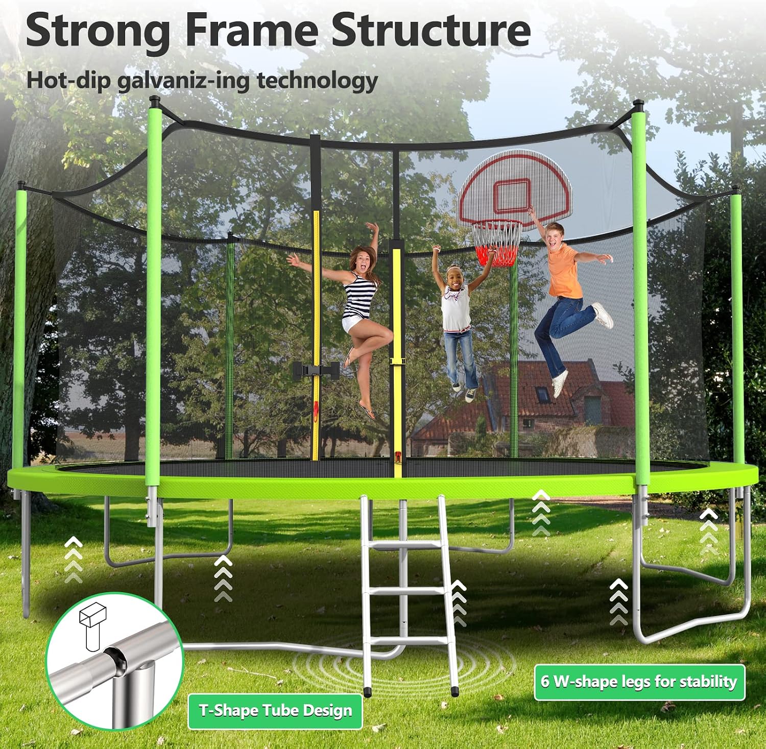 10 12 14 16FT Trampoline Outdoor, Light/Sprinkler/Basketball Hoop | Large Recreational Trampoline for Kids and Adults, Heavy Duty Yard Trampolines with Enclosure Net, ASTM Approval