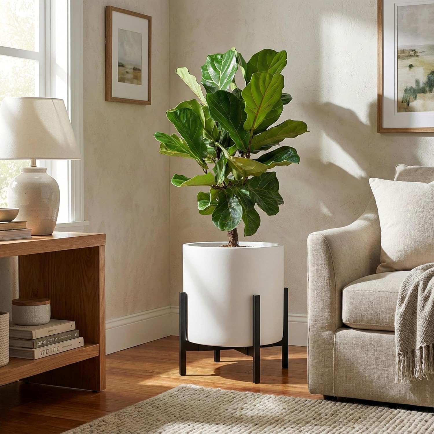 FaithLand 14 Inch Fiberstone Planter - Lightweight Modern Cylinder Plant Pot with Drainage Hole & Plug, Indoor Outdoor Use, Matte White