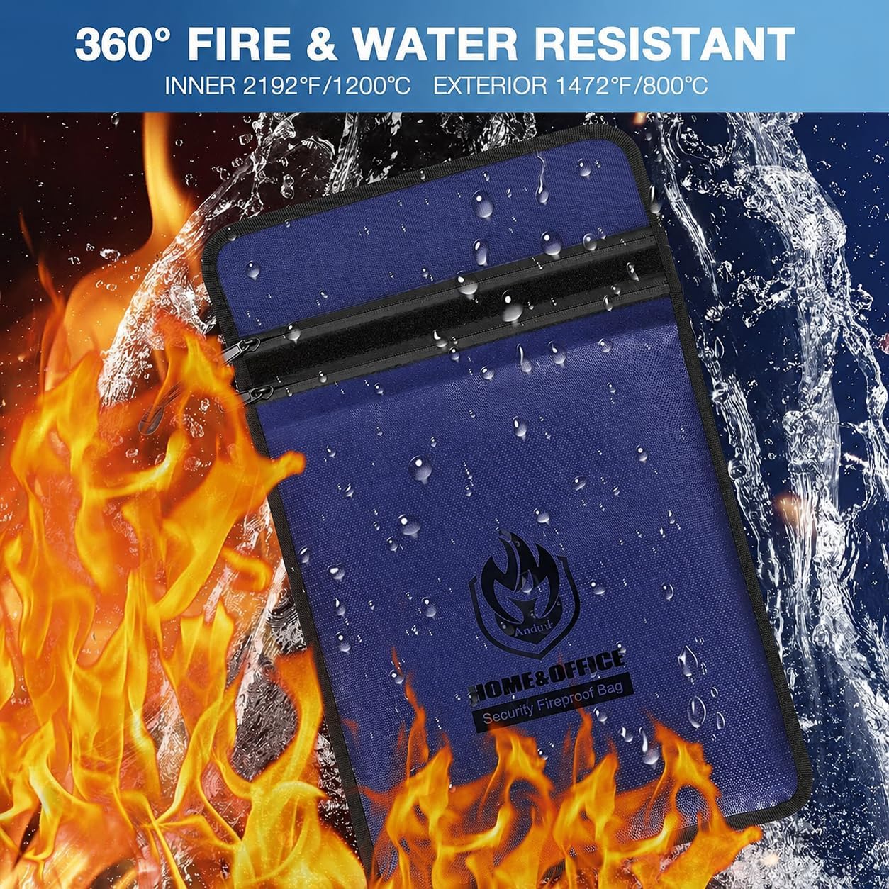 Andyer 2 Pockets Fireproof Document Bag (15"x11"), Protect Values from Fire