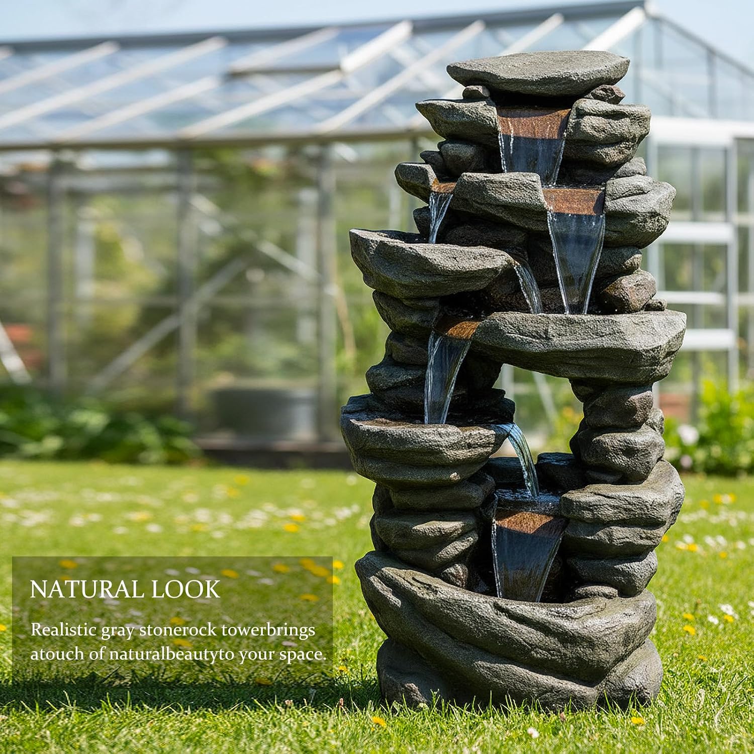 SunJet 40.5” High Rocks Outdoor Water Fountain - 6-Tiers Cascading Waterfall with LED Lights, Soothing Tranquility for Home Garden, Yard Decor