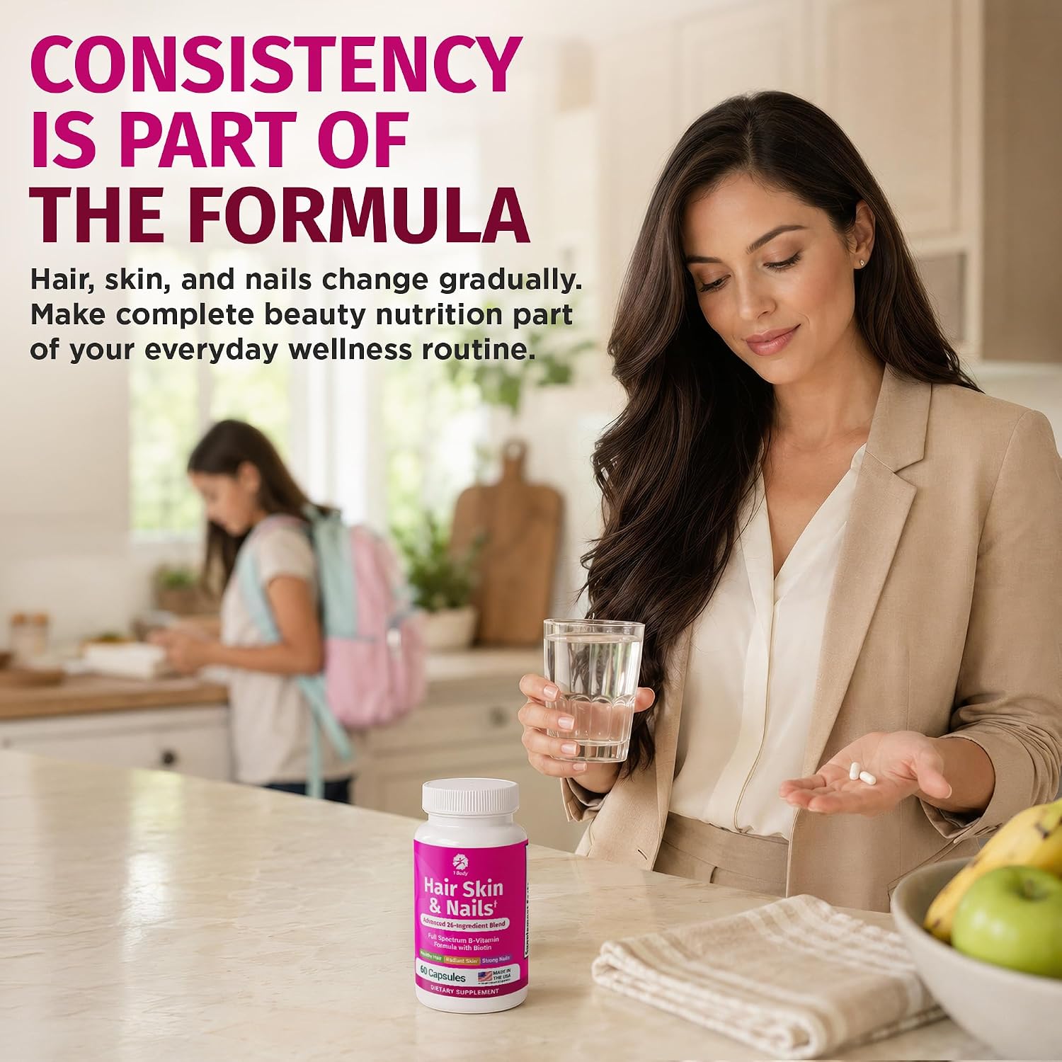 1 Body Hair Skin & Nails with Biotin, Vegan Vitamins, 60 Capsules | Look Good, Feel Confident. Supports healthy hair, skin, and nails as part of your daily beauty routine.*
