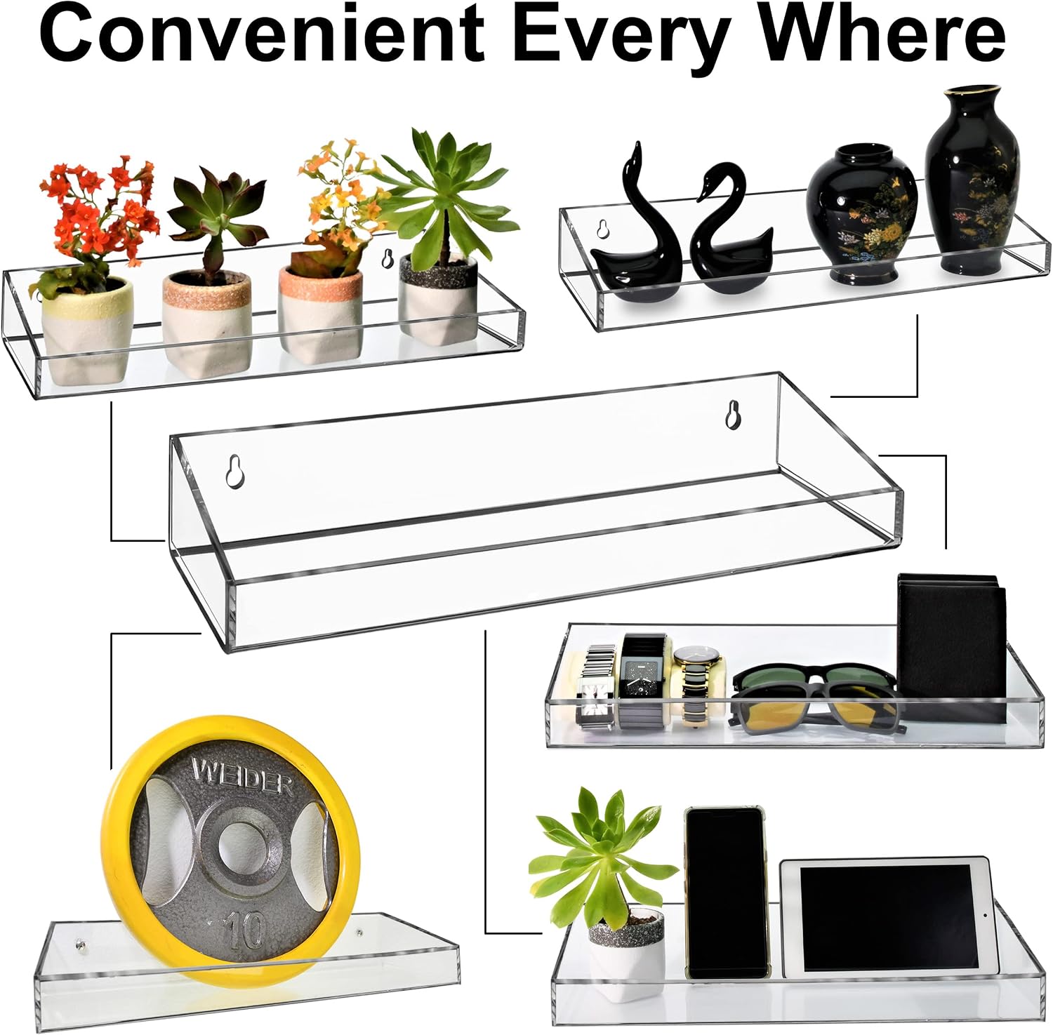 AMT 2 Pack Acrylic Floating Shelves, 15" L x 4" W, Clear Bathroom Wall, Bookshelves, Invisible Display for Office, Bedroom