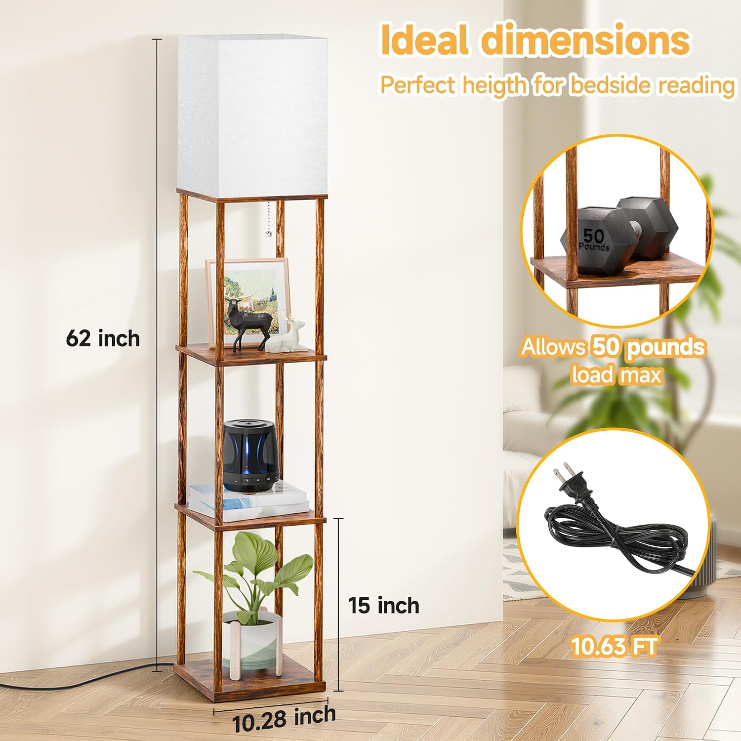 SHINE HAI Floor Lamp with Shelves, 3-Tier Square Modern Shelf Lamp