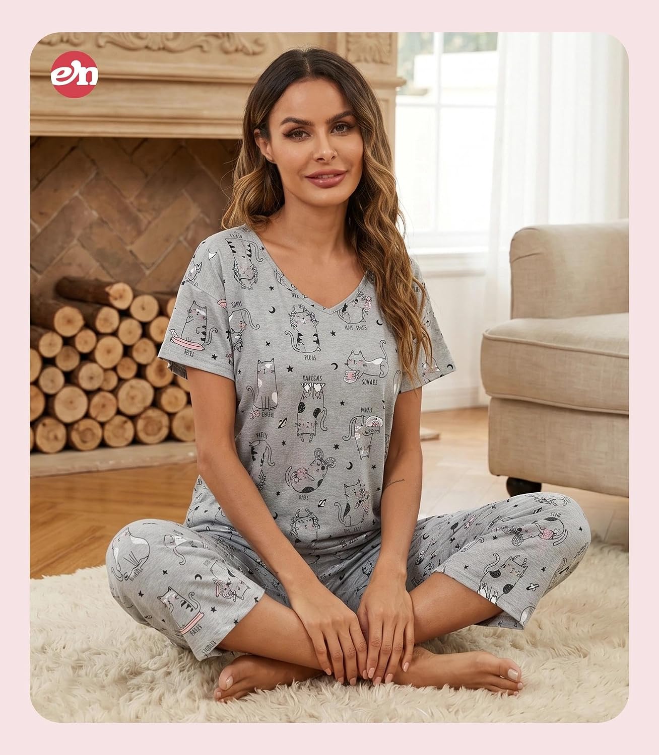 ENJOYNIGHT Womens Pajama Set Cotton Short Sleeve Top With Capri Pants Pj