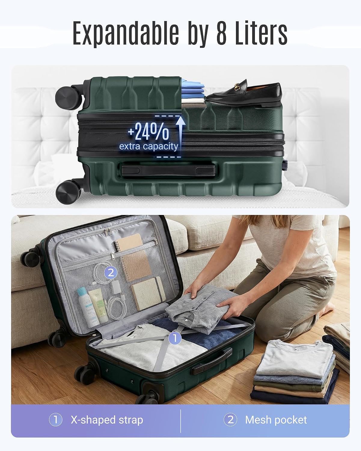LIGHT FLIGHT Carry On Luggage, 20" Carry-On Suitcase, Deep Green | 20" Expandable Carry On Suitcases with Wheels, Lightweight Luggage, Durable Hard ShellRolling Suit Case for Men Women Travel
