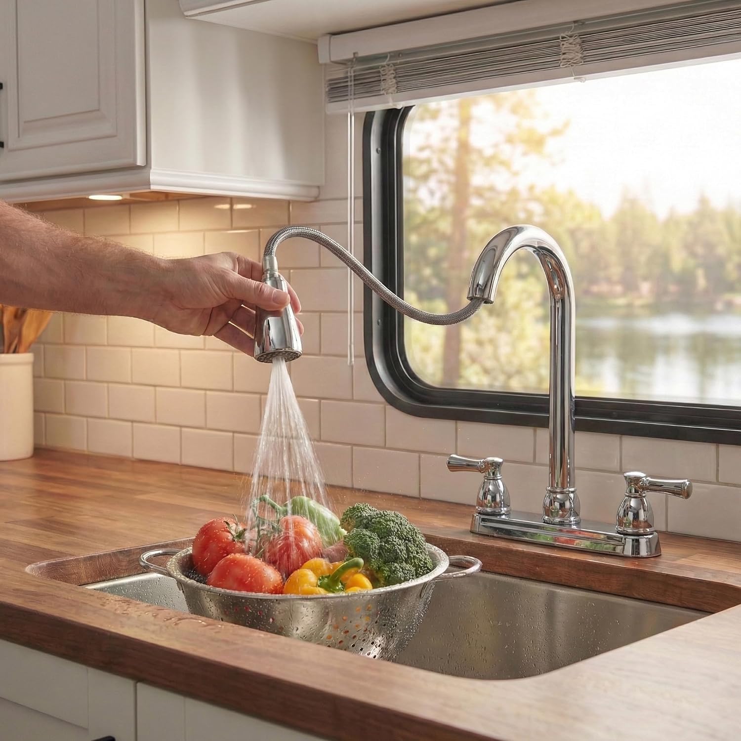Dura Faucet DF-PK350L-SN RV Pull-Down Kitchen Sink Faucet (Satin Nickel) | Stream-to-spray sprayer with a corrosion-resistant non-metallic build. Brushed Satin Nickel. Plated ABS plastic (not metal).