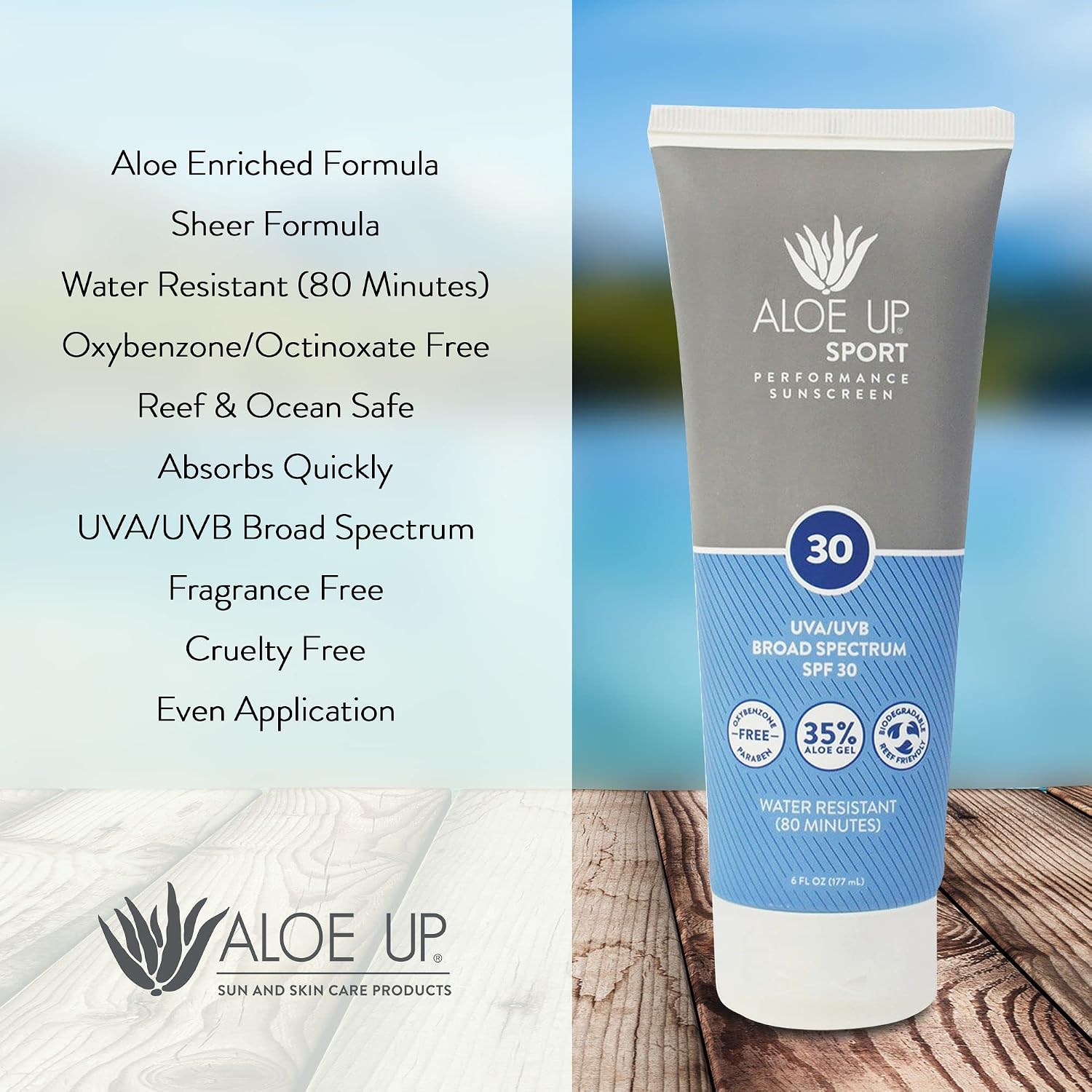 Aloe Up Sport Sunscreen Spray SPF 30, Water Resistant, Non-greasy, 6 oz | Broad-spectrum SPF 30; Water resistant up to 80 min; Non-greasy, With aloe vera gel, fragrance-free