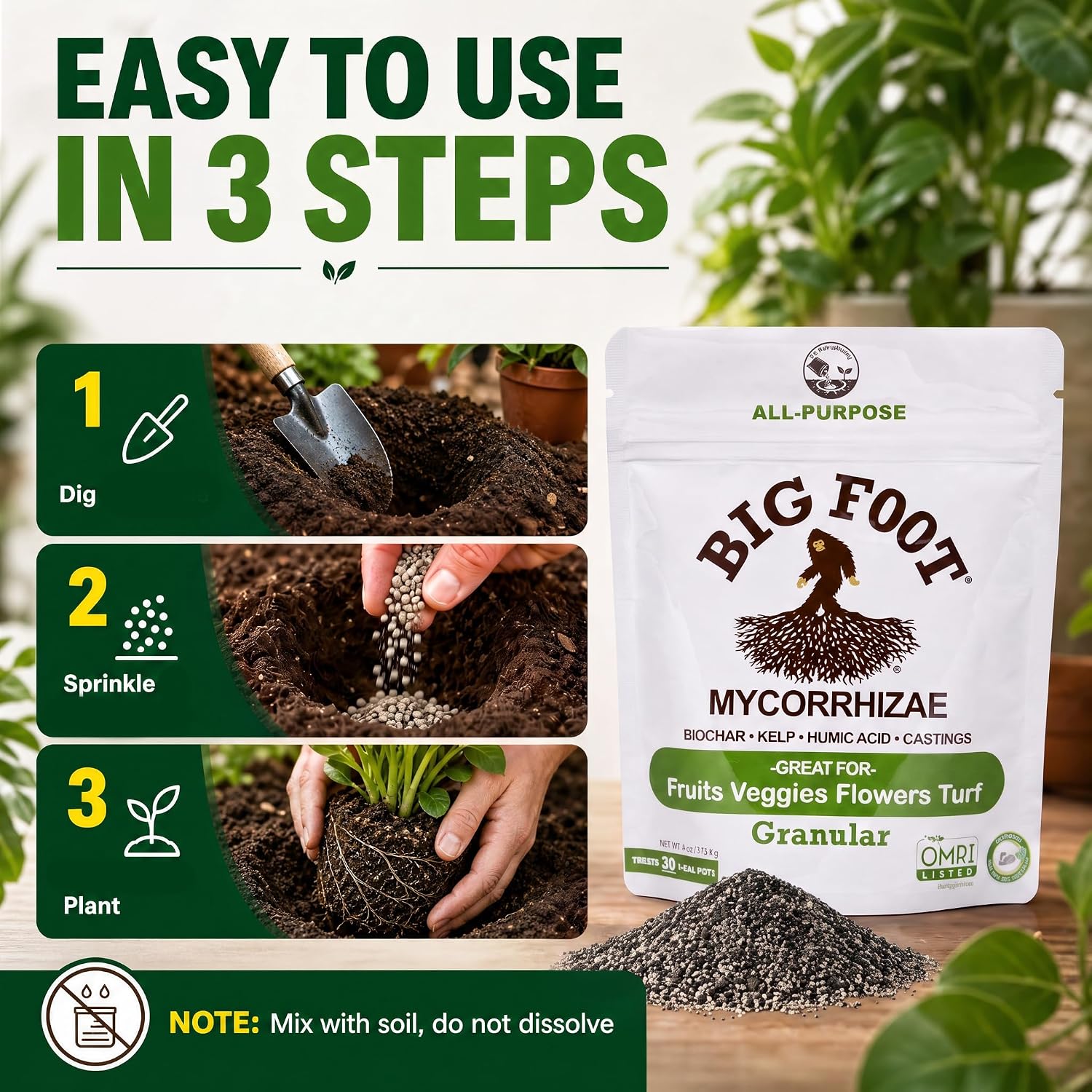 Big Foot Mycorrhizae - Double Your Plant Size, Easy to Use, Made in USA, Treats 30 Plants (7,500 Mycorrhizal Spores) Fertilizer, 4 Ounce Package (4 oz)