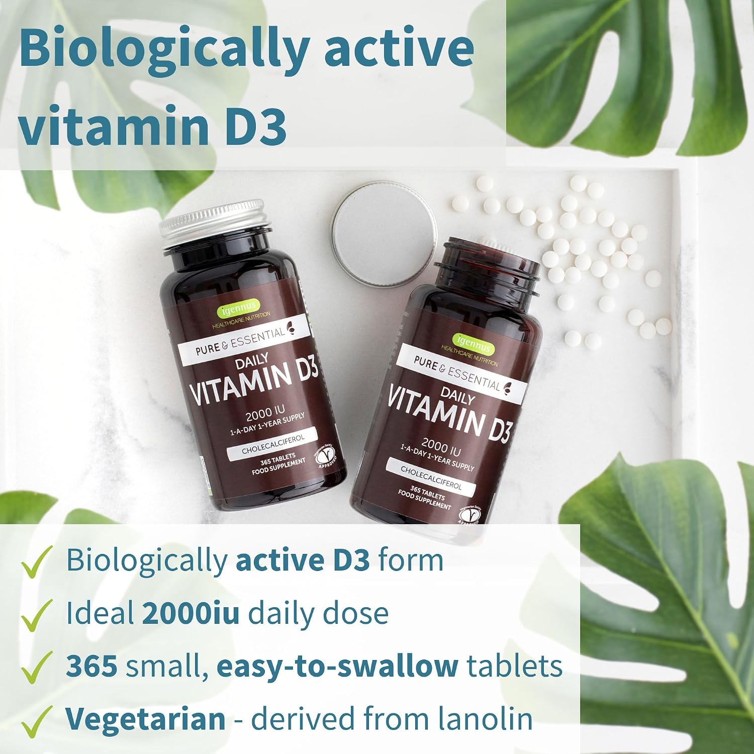 Igennus Daily Vitamin D3 2000iu, 50 mcg, Clean Label, 1-Year Supply | Vegetarian Cholecalciferol Vitamin D Supplement, 365 Small Tablets