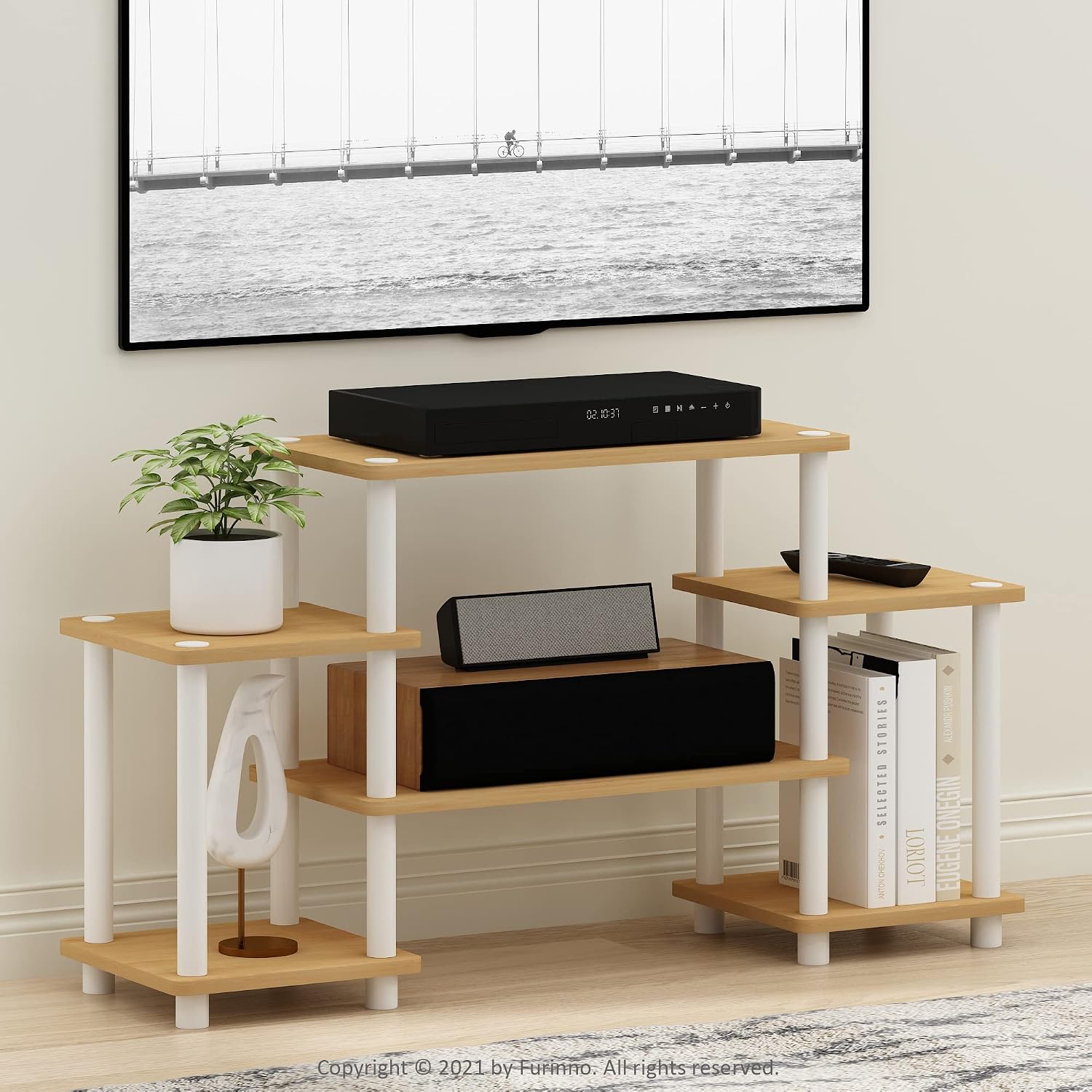 Furinno Turn-N-Tube No Tools Entertainment Center, Round Square Corner, French Oak Grey/Black | Raised Top, Open Shelves TV Console with for TV up to 32 Inch, for Living Room, Bedroom
