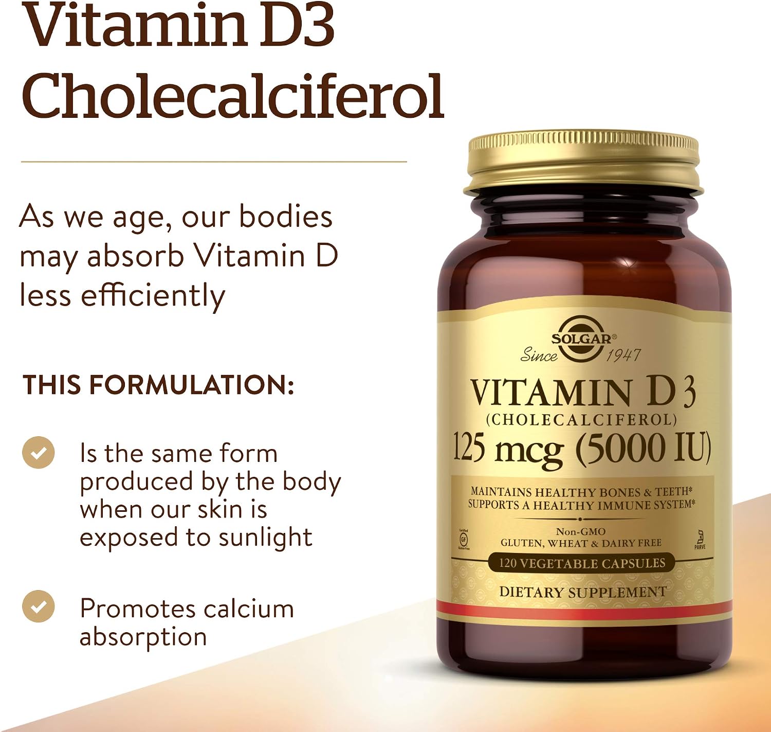 Solgar Vitamin D3 (Cholecalciferol) 125 Mcg (5000 IU), 120 Vegetable Capsules - Helps Maintain Healthy Bones & Teeth - Immune System Support - Non-GMO, Gluten Free, Dairy Free, Kosher - 120 Servings | Helps Maintain Healthy Bones & Teeth, Immune System S…