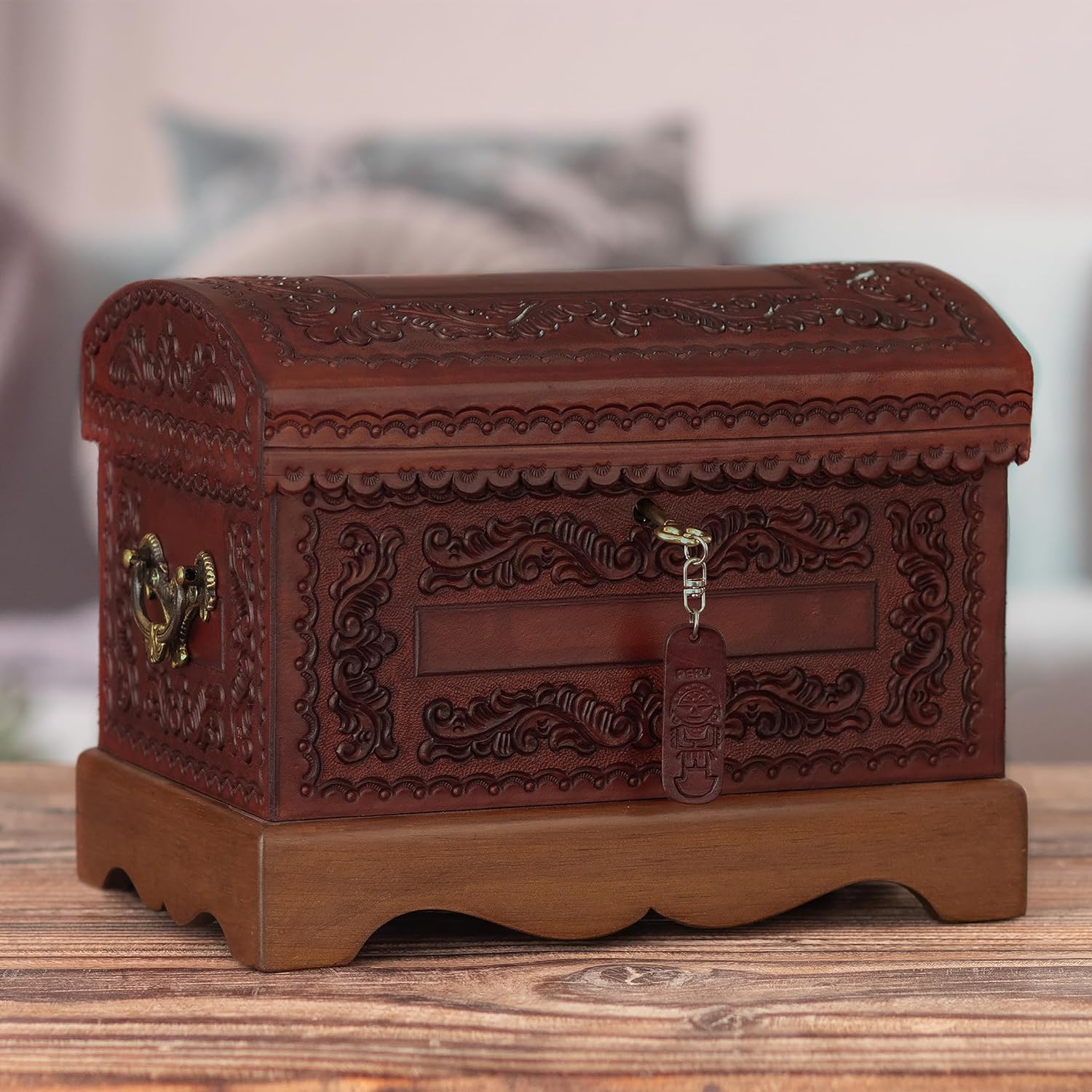 NOVICA Colonial Wood And Leather Jewelry Box, Brown 'Colonial Treasure'