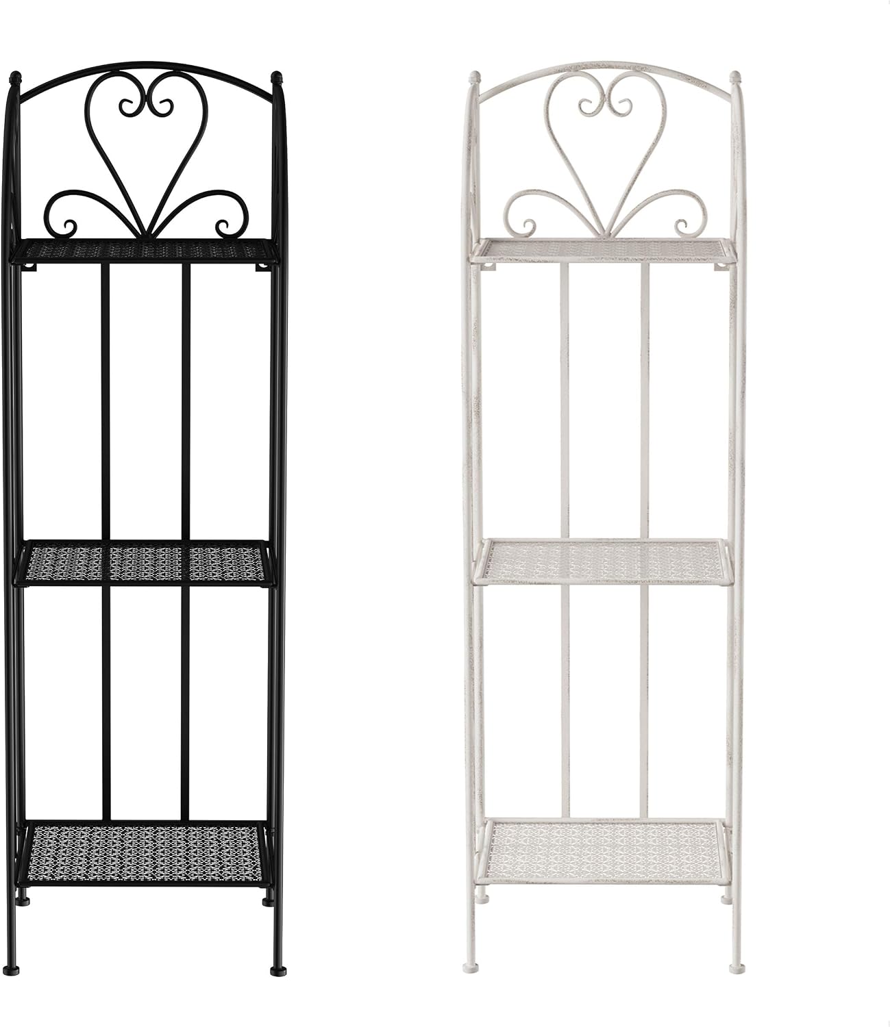 Plant Stand 3-Tier Vertical Shelf Indoor or Outdoor Folding Wrought Iron Home Garden Display with Laser Cut Shelves by Pure Garden (Antique White)