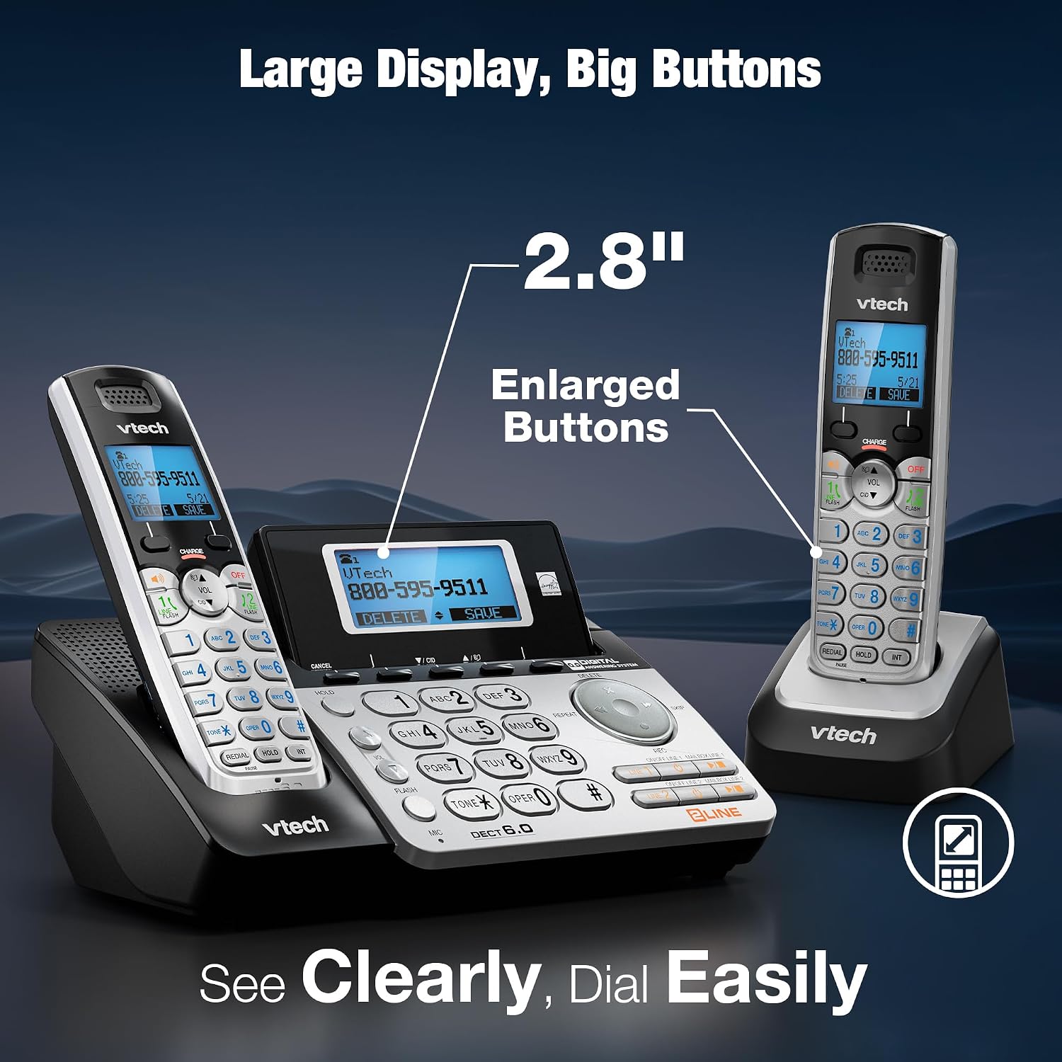 VTech DS6101 Accessory Handset for DS6151 Series, Black/Silver | 2-Line Cordless Phone, Answering System, Expandable up to 12 Handsets, Intercom & Conference