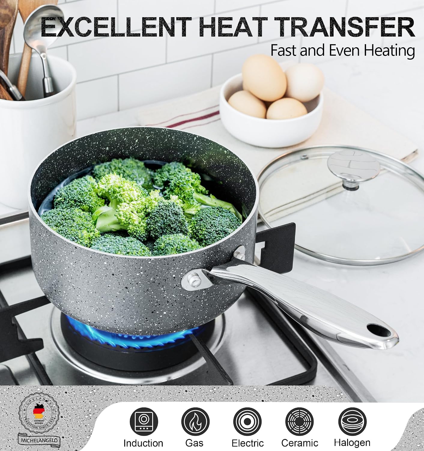 MICHELANGELO 2 Quart Saucepan with Lid, Nonstick Sauce Pan with Healthy Coating, Granite Sauce Pan with Stainless Steel Handle