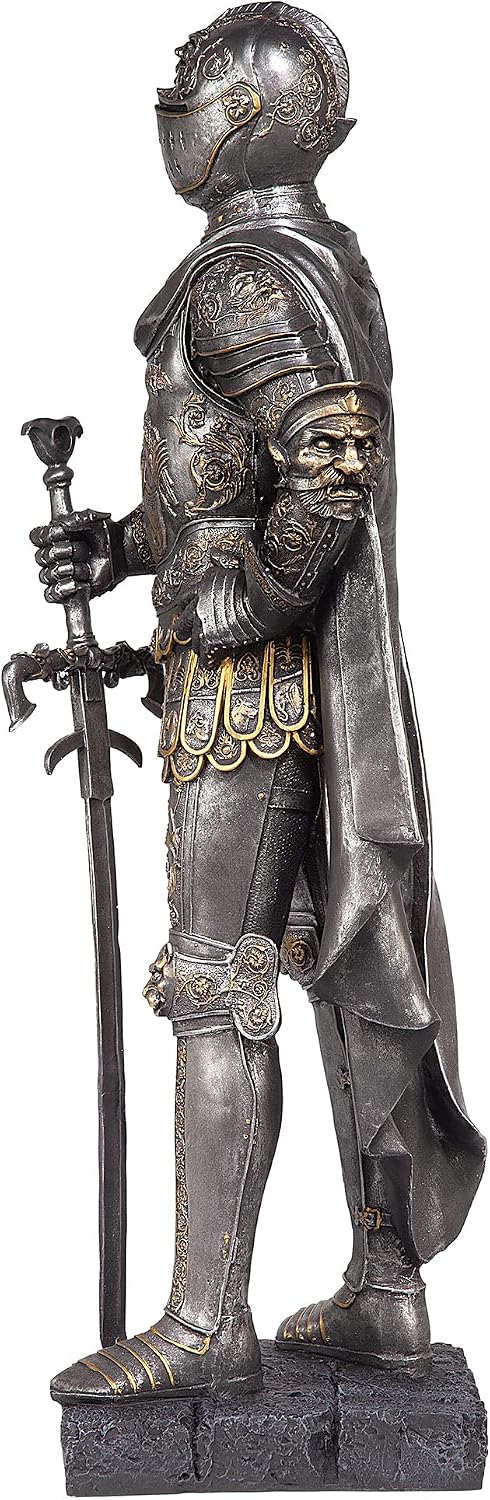 Design Toscano King's Guard Medieval Decor Half Scale Knight Armor Gothic Statue, 39 Inch Tall, Cast Stone Resin, Metallic Finish with Faux Stone Base