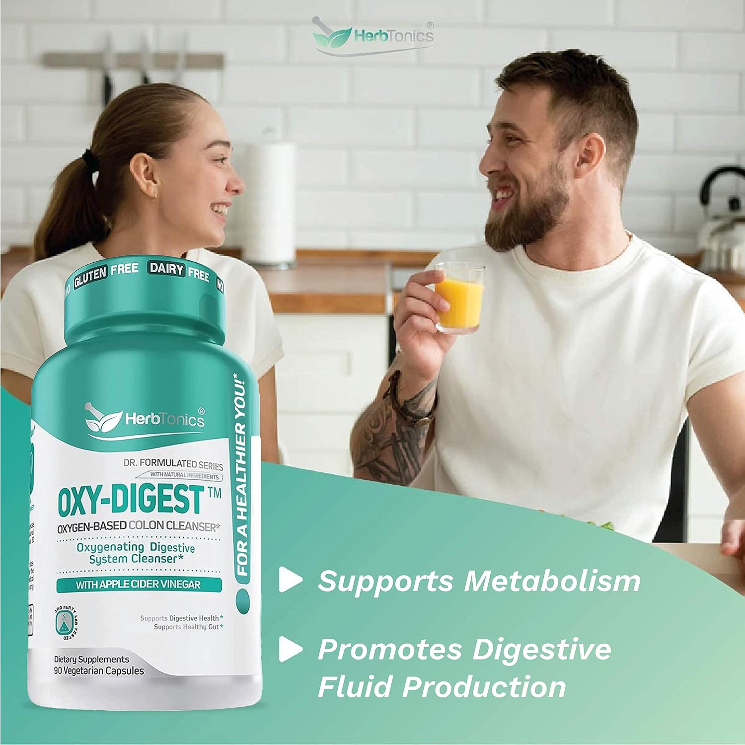 Herbtonics Oxygen Based Colon Cleanse and Detox Digestive System Formula | with Apple Cider Vinegar | Colon Cleanser Pills for Adults | 90 Gluten