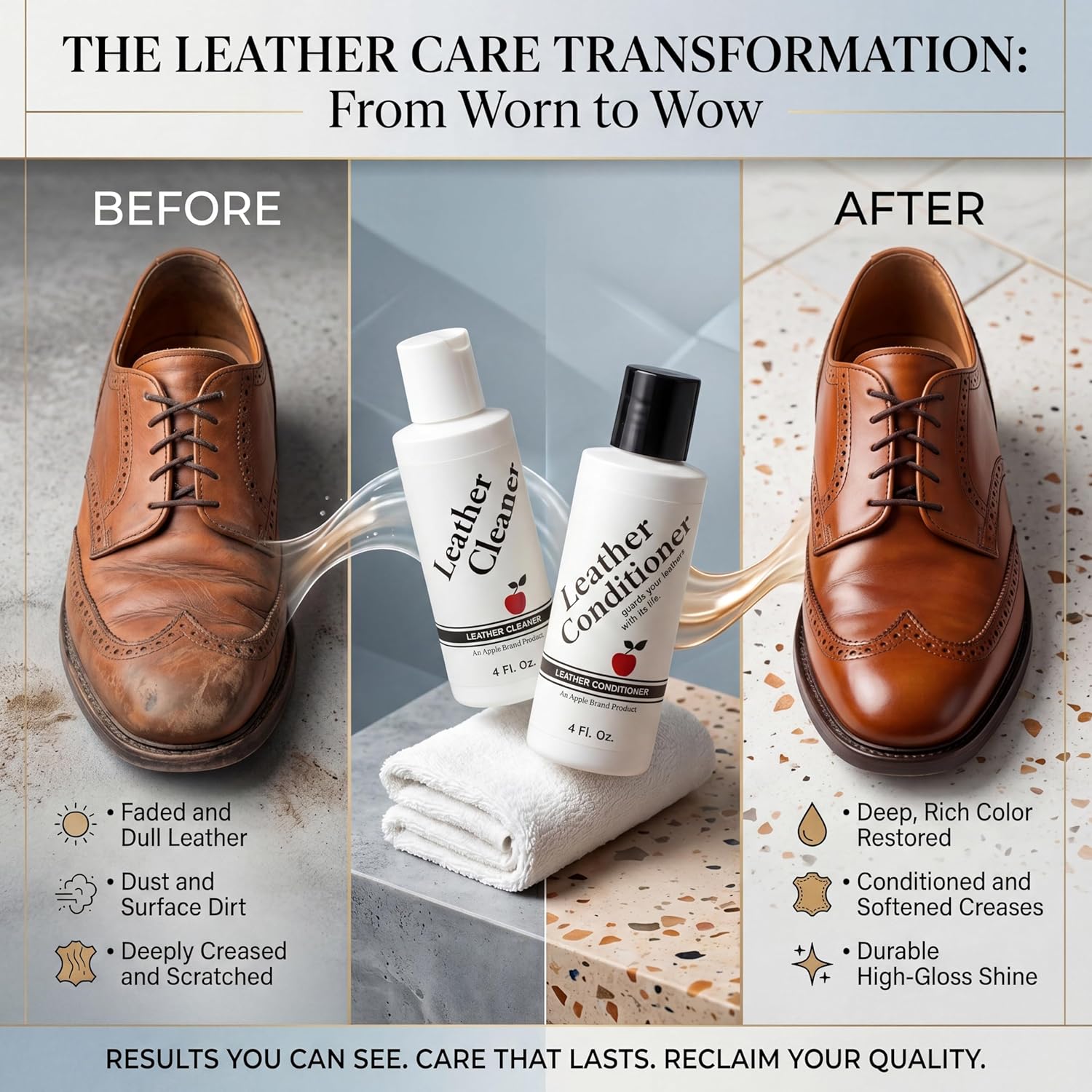 Apple Brand Leather Cleaner & Conditioner Kit, For Bags, Boots, Accessories | Wax-free cleaner and conditioner pair. Also for furniture
