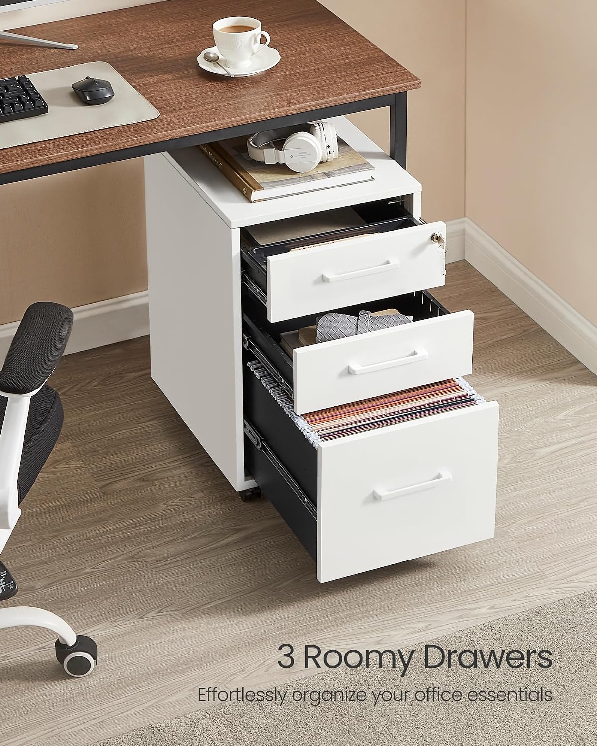 SONGMICS File Cabinet, Pre-Assembled Except Wheels and Handles, Office Filing Cabinet with Lock, for A4, Legal, Letter Sized Documents
