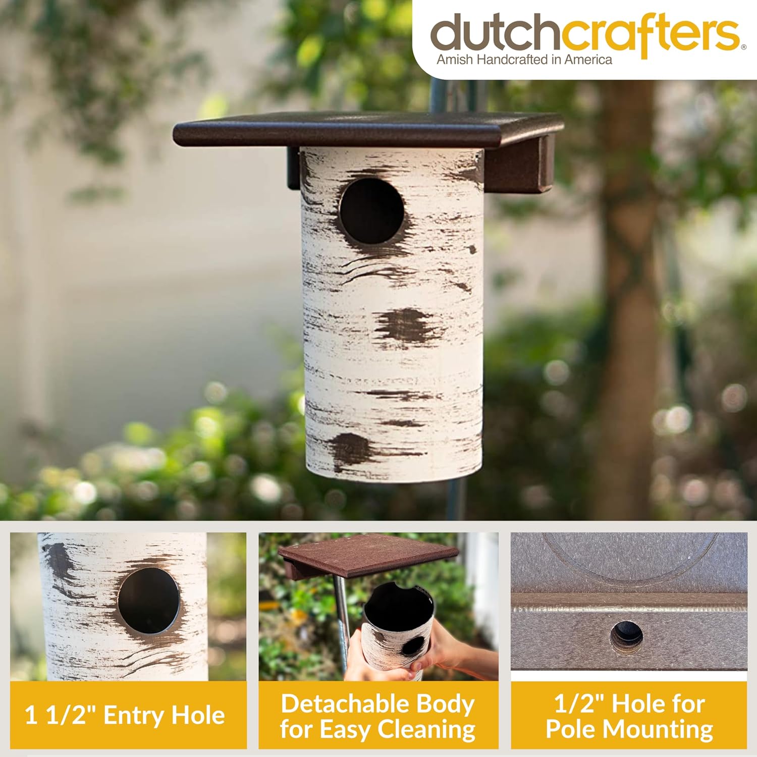 DutchCrafters Pole Mount Gilbertson Bluebird House with Removable Base, Durable Weatherproof Birdhouse Blue Bird Nesting Box for Outdoors (Poly Roof, 1 1/2" Entrance Hole)