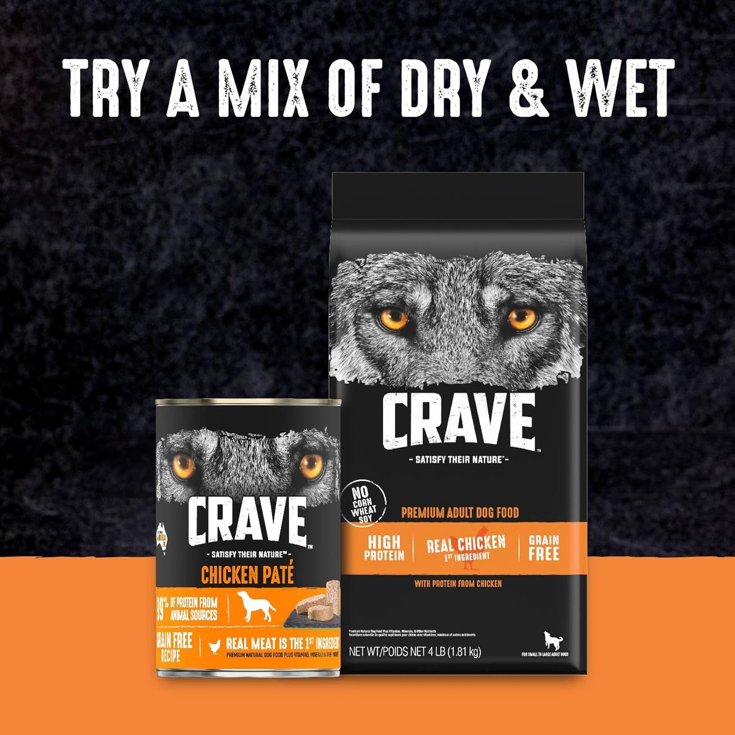 CRAVE Grain Free High Protein Natural Adult Dry Dog Food, Chicken, 4 lb | 34% protein, real animal protein, no by-product meal, no corn, wheat, soy, no artificial flavors, energy support