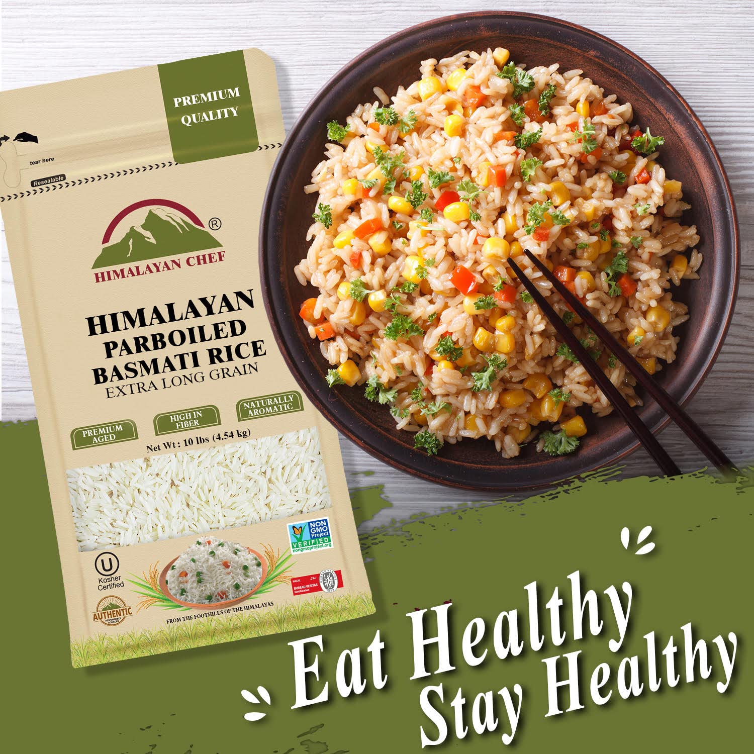 Himalayan Chef Basmati Rice,Extra Long Grain Rice Fluffy Quick Cooking Aromatic - 10 lbs.(Packaging May Vary)