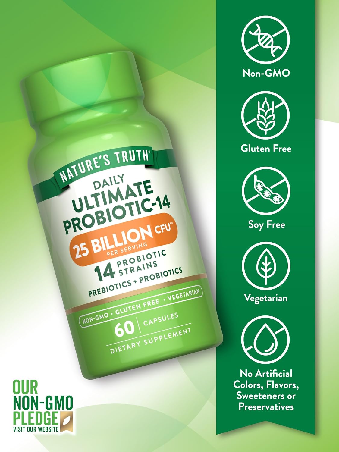Nature's Truth Probiotics for Men and Women | 25 Billion CFU | 60 Capsules | 14 Strains | Non-GMO & Gluten Free Digestive Health Supplement | 14