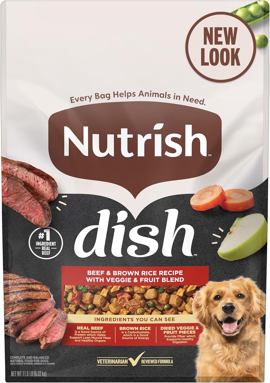 Nutrish Dish Dry Dog Food, Beef Recipe, 11.5 lb. Bag (Rachael Ray) | Made with Brown Rice and Veggies & Fruit Blend, Veterinarian Reviewed Formula, Complete & Balanced Nutrition For Dogs