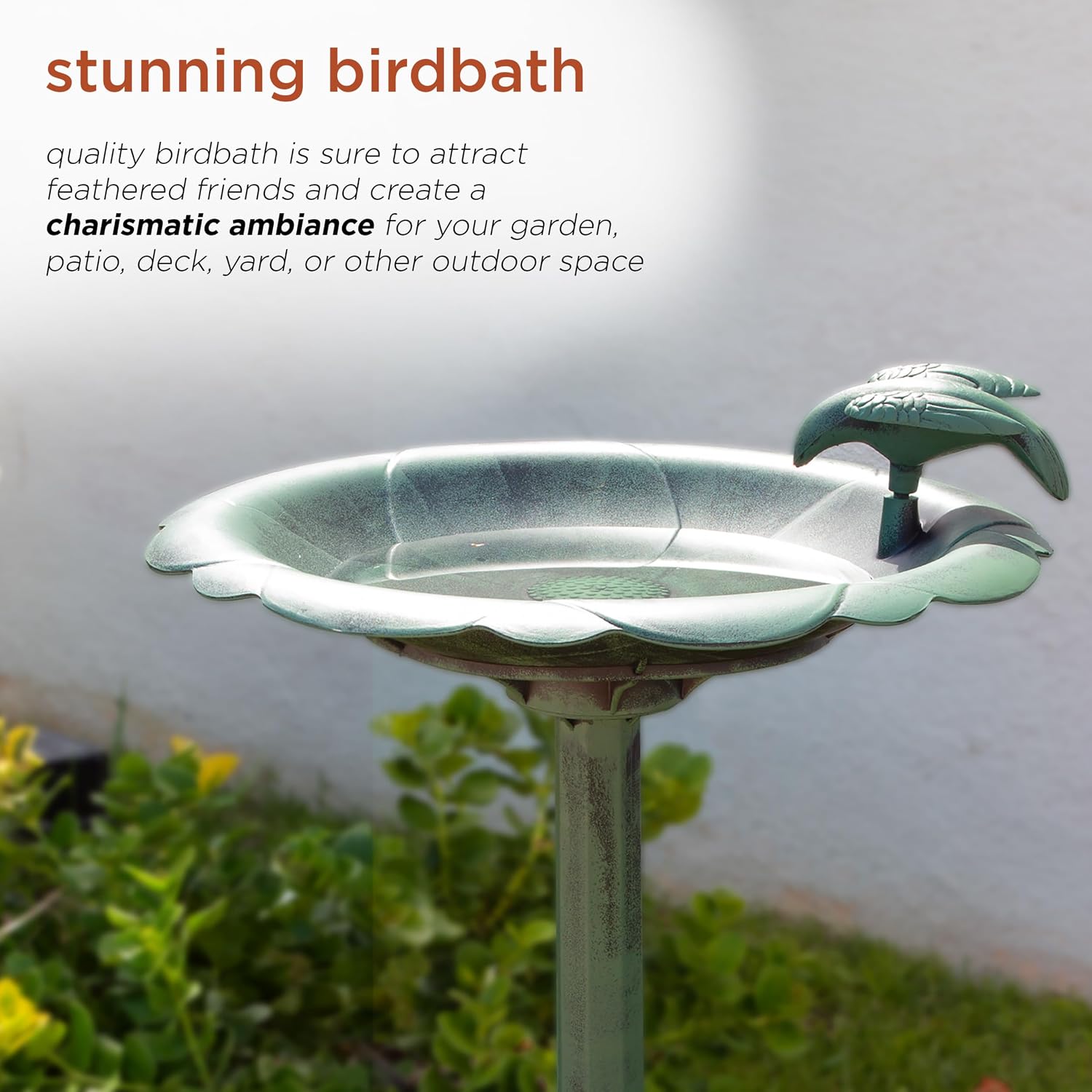 Alpine Corporation TEC116 Outdoor Aged Green Pedestal Birdbath with Scrollwork, 28" Tall, Green