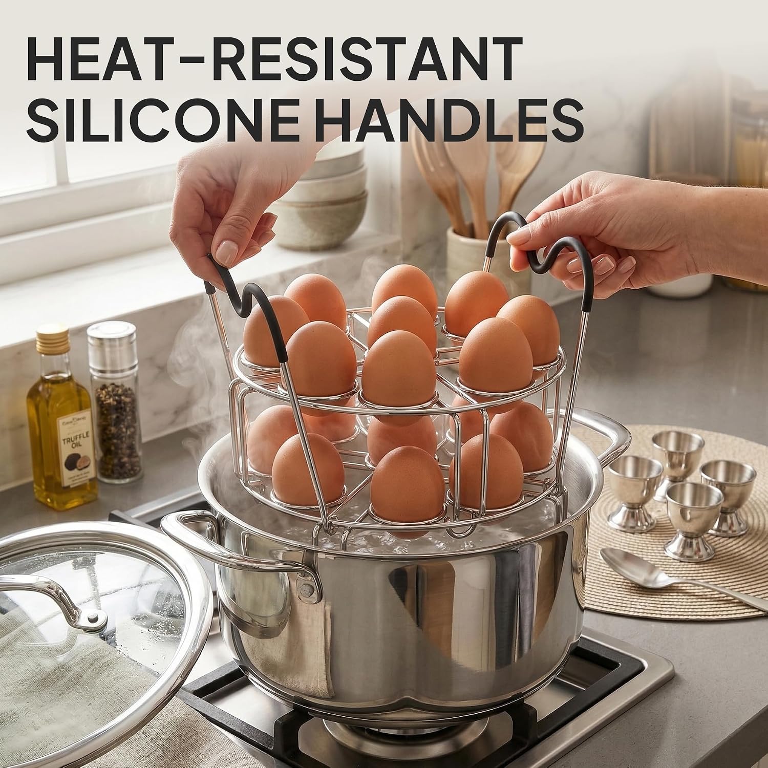 Stackable Egg Steamer Rack Holds 18 Eggs with Handles, Stainless Steel Instant Pot Trivet Fits 6qt/8qt Pressure Cooker